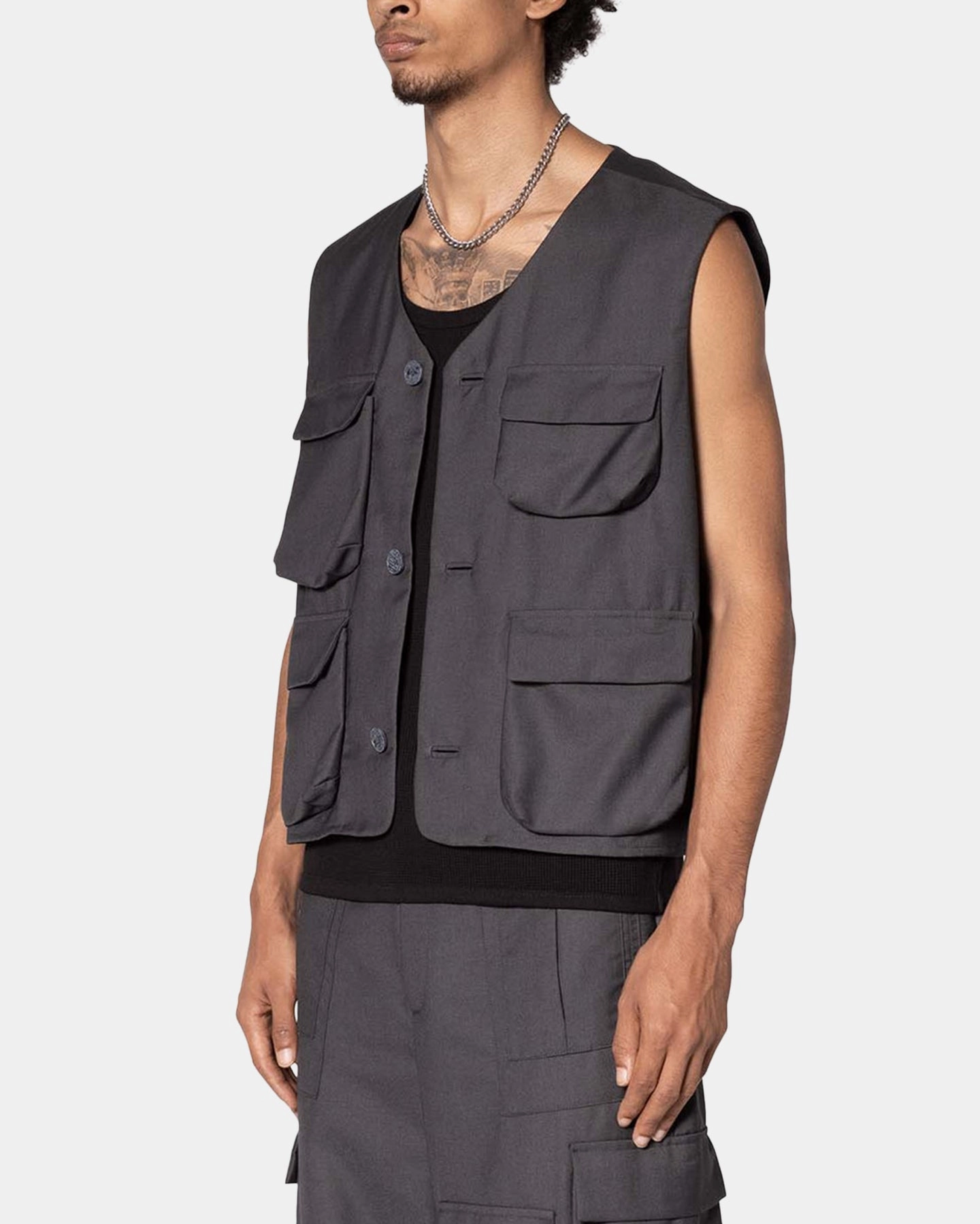 Layered Neckline MNML Bounded Gabardine Vest Grey