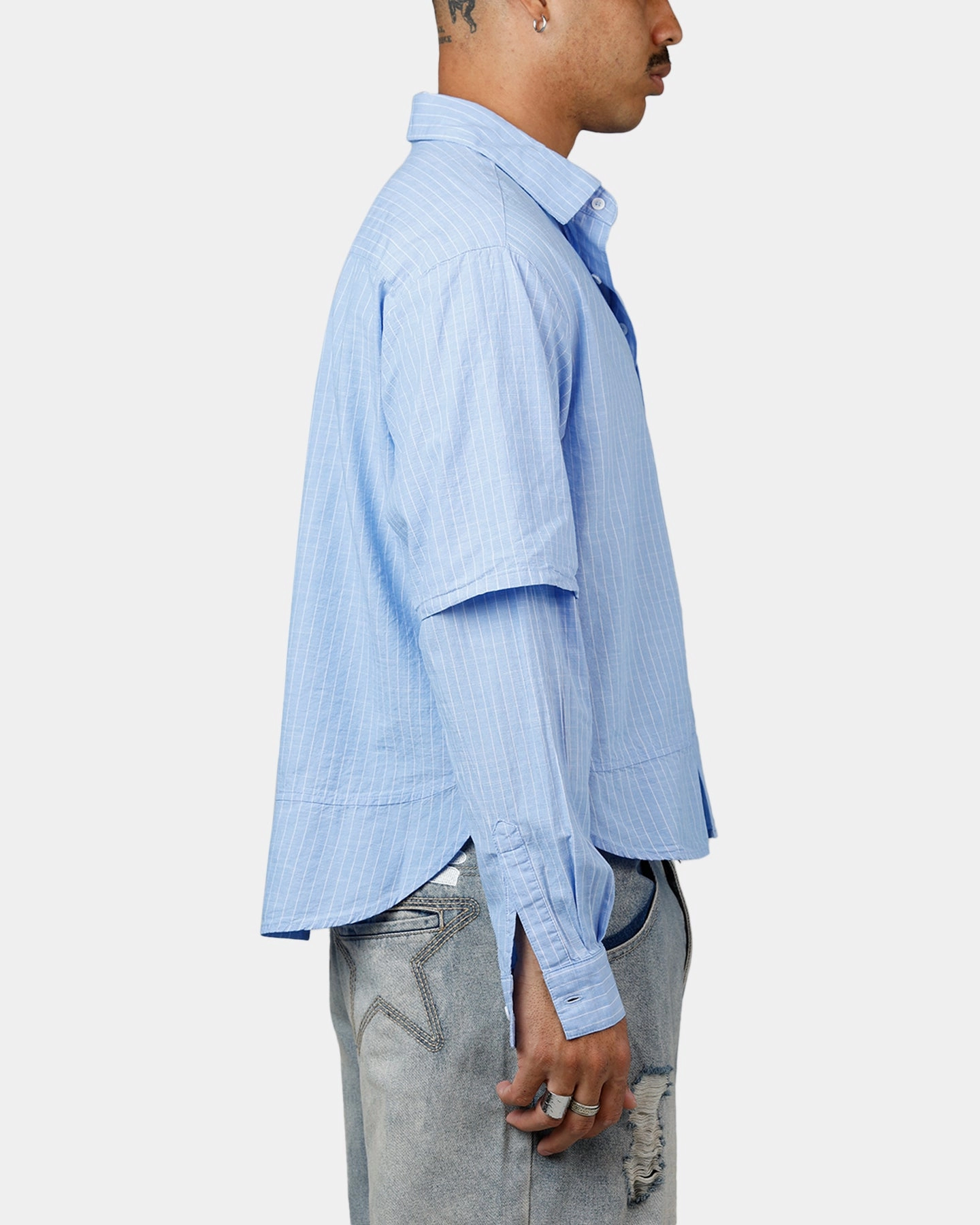MNML Chambray Double Layer Shirt Blue Ribbed Hemline