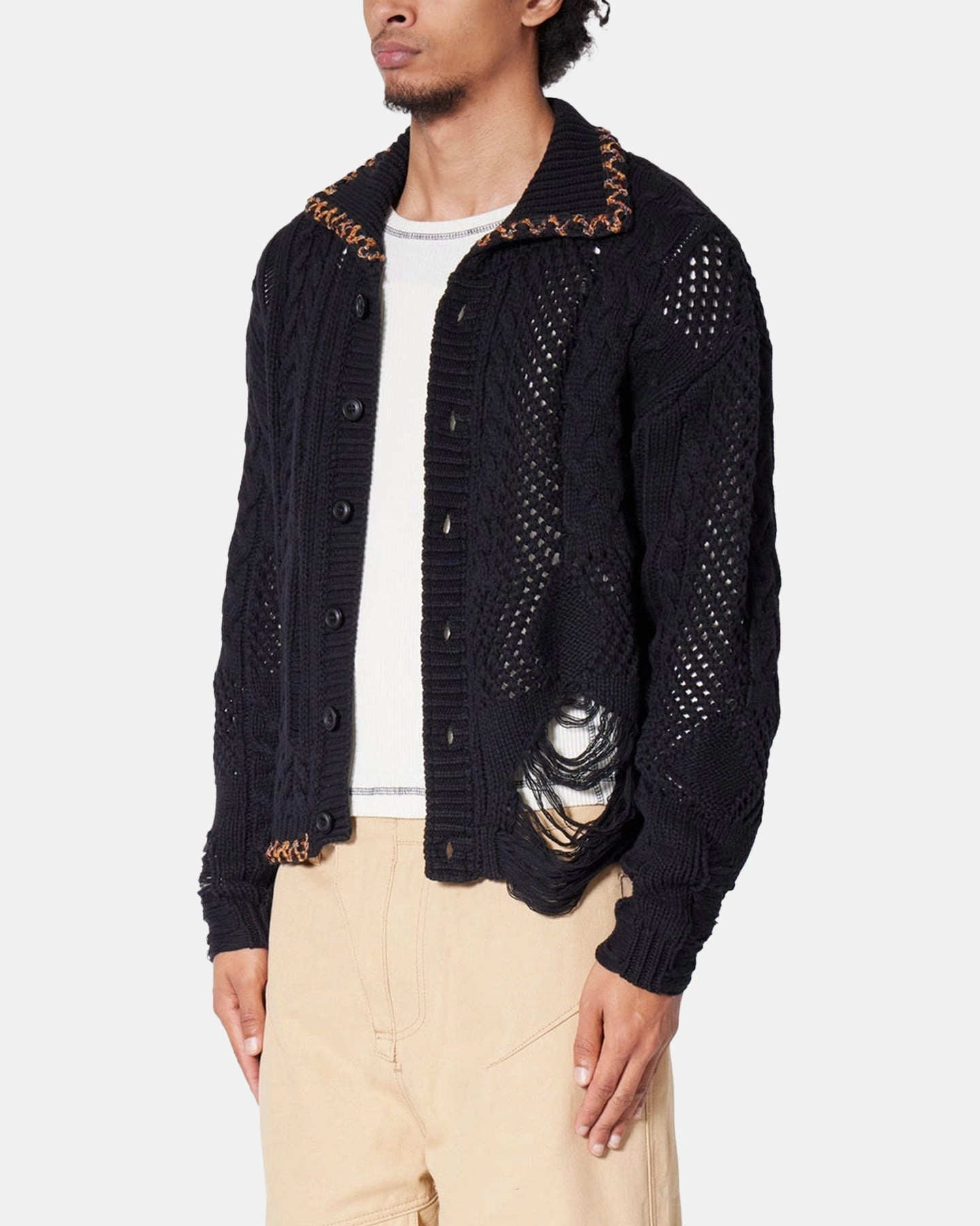 AntiPilling Technology ZipperedPockets MNML Chunky Distressed Cardigan Black