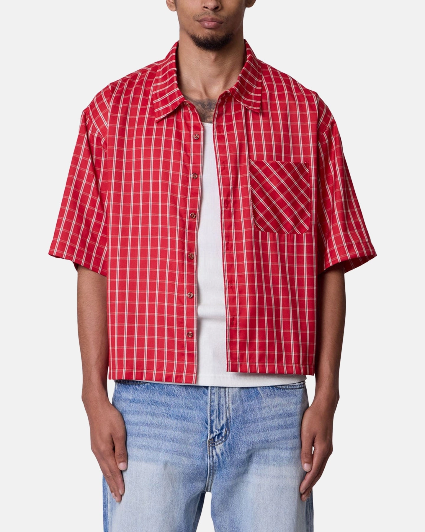 Odor Resistant Fabric MNML Crispy Poplin Over Button Up Shirt Red Plaid