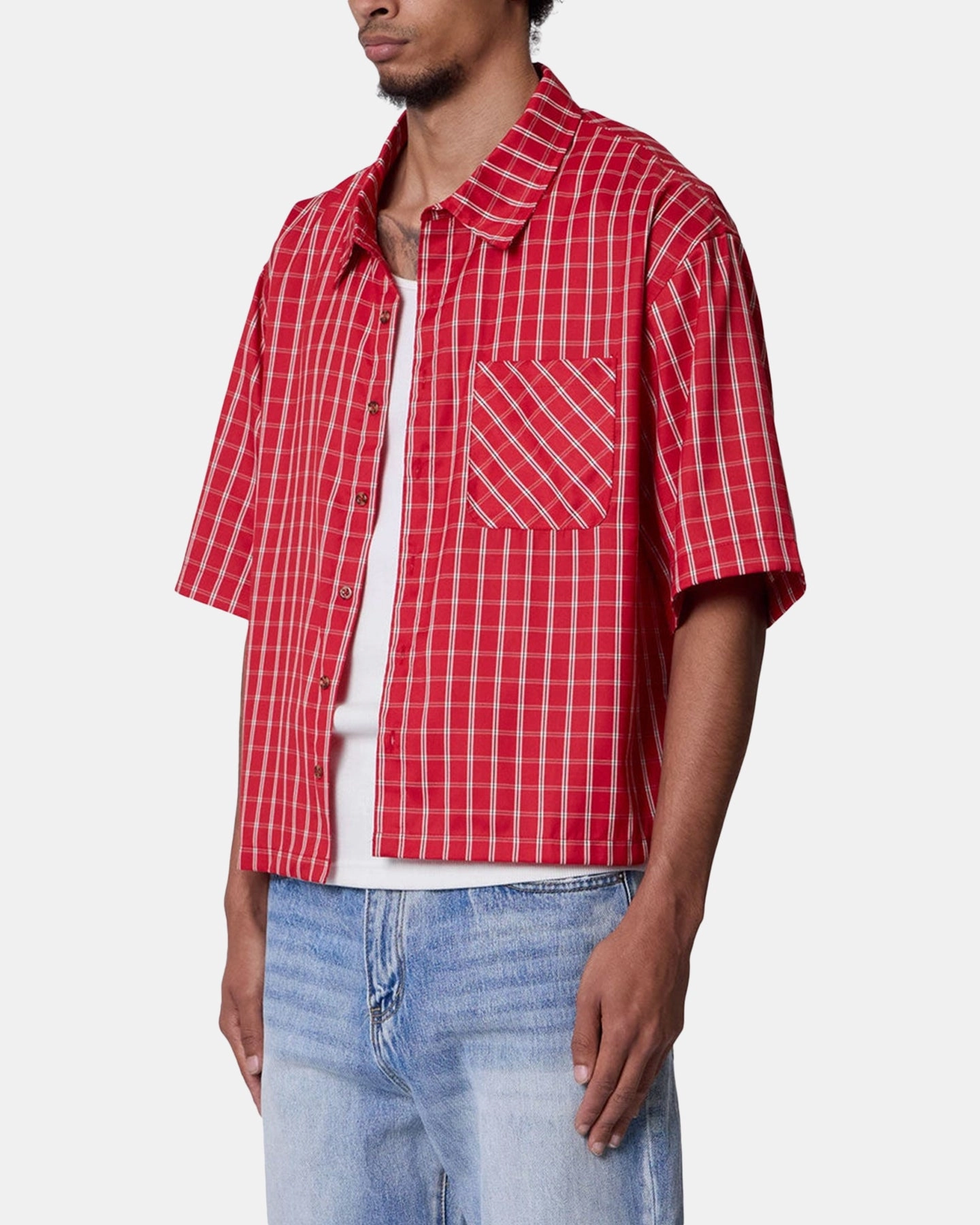 MNML Crispy Poplin Over Button Up Shirt Red Plaid Activewear Top