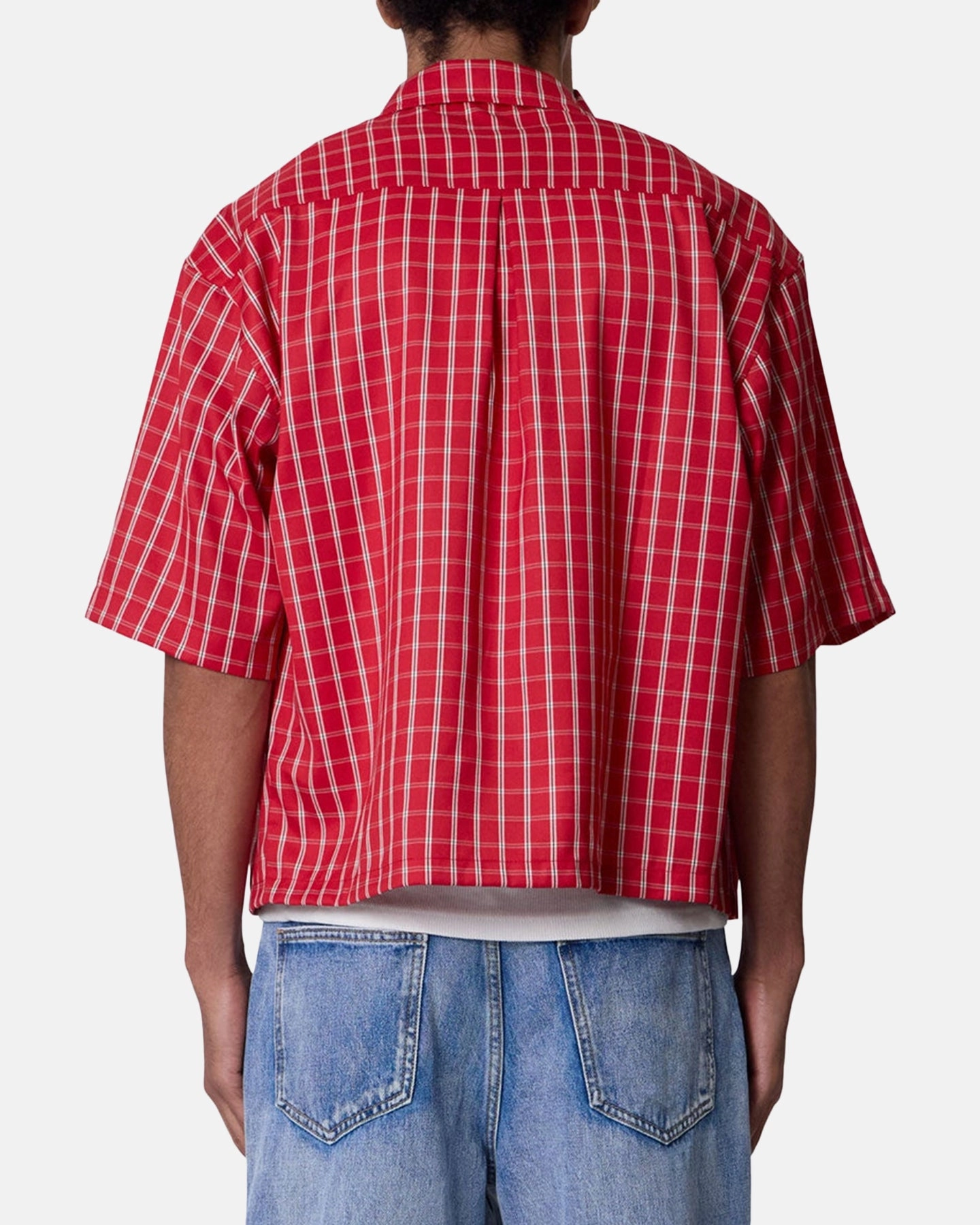 MNML Crispy Poplin Over Button Up Shirt Red Plaid ReinforcedEdges AntiStatic Treatment