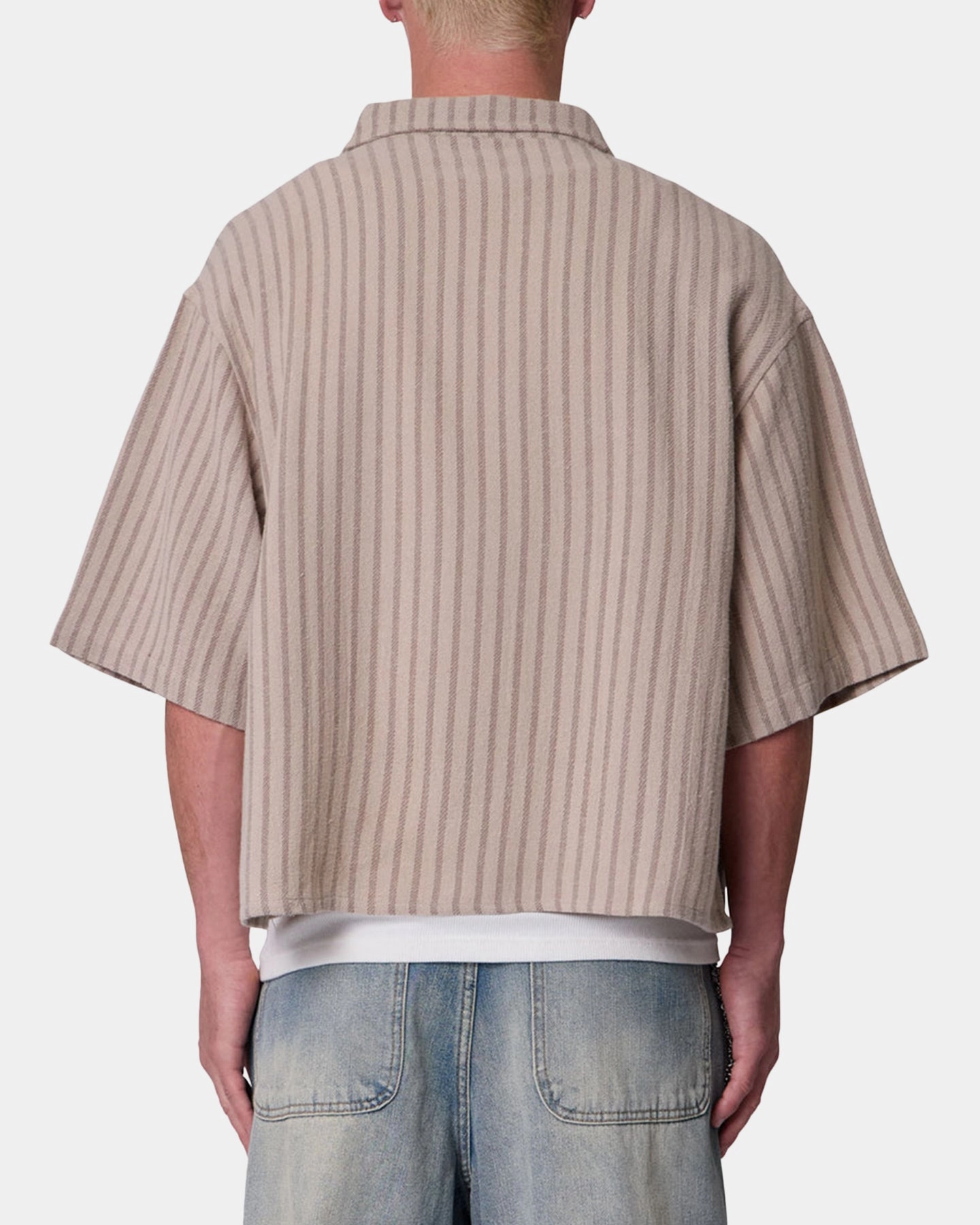 MNML Cropped Boxy Stripe Button Up Shirt Khaki AntiPilling