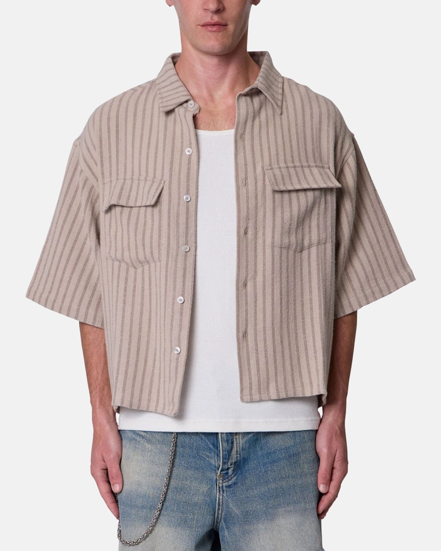 LayeredStyling BiodegradableFabric MNML Cropped Boxy Stripe Button Up Shirt Khaki
