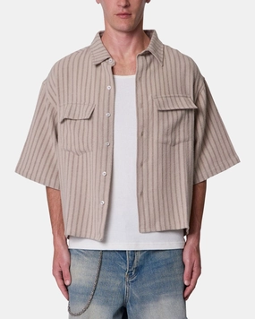 LayeredStyling BiodegradableFabric MNML Cropped Boxy Stripe Button Up Shirt Khaki