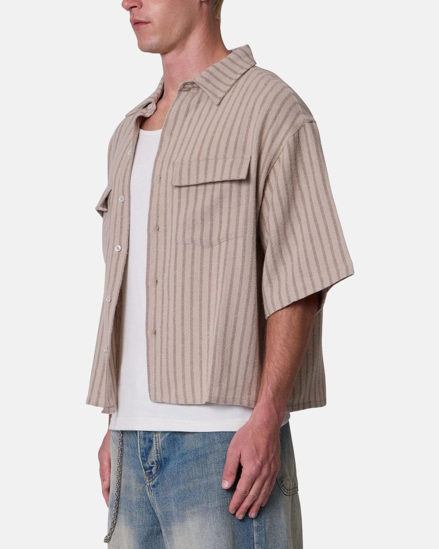 Soft Wool MNML Cropped Boxy Stripe Button Up Shirt Khaki