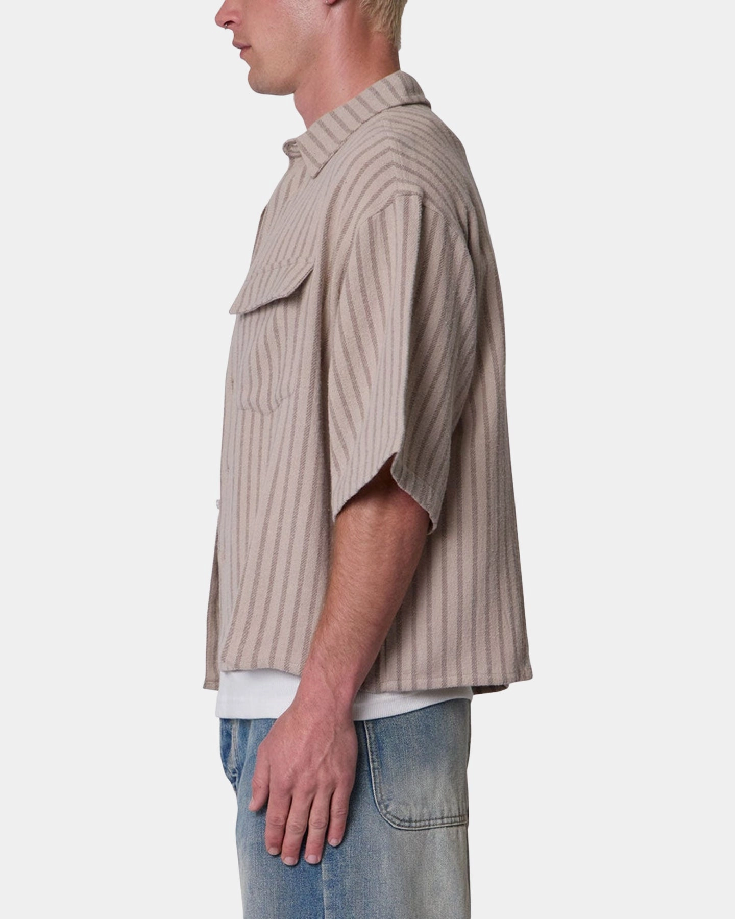 Versatile Design MNML Cropped Boxy Stripe Button Up Shirt Khaki