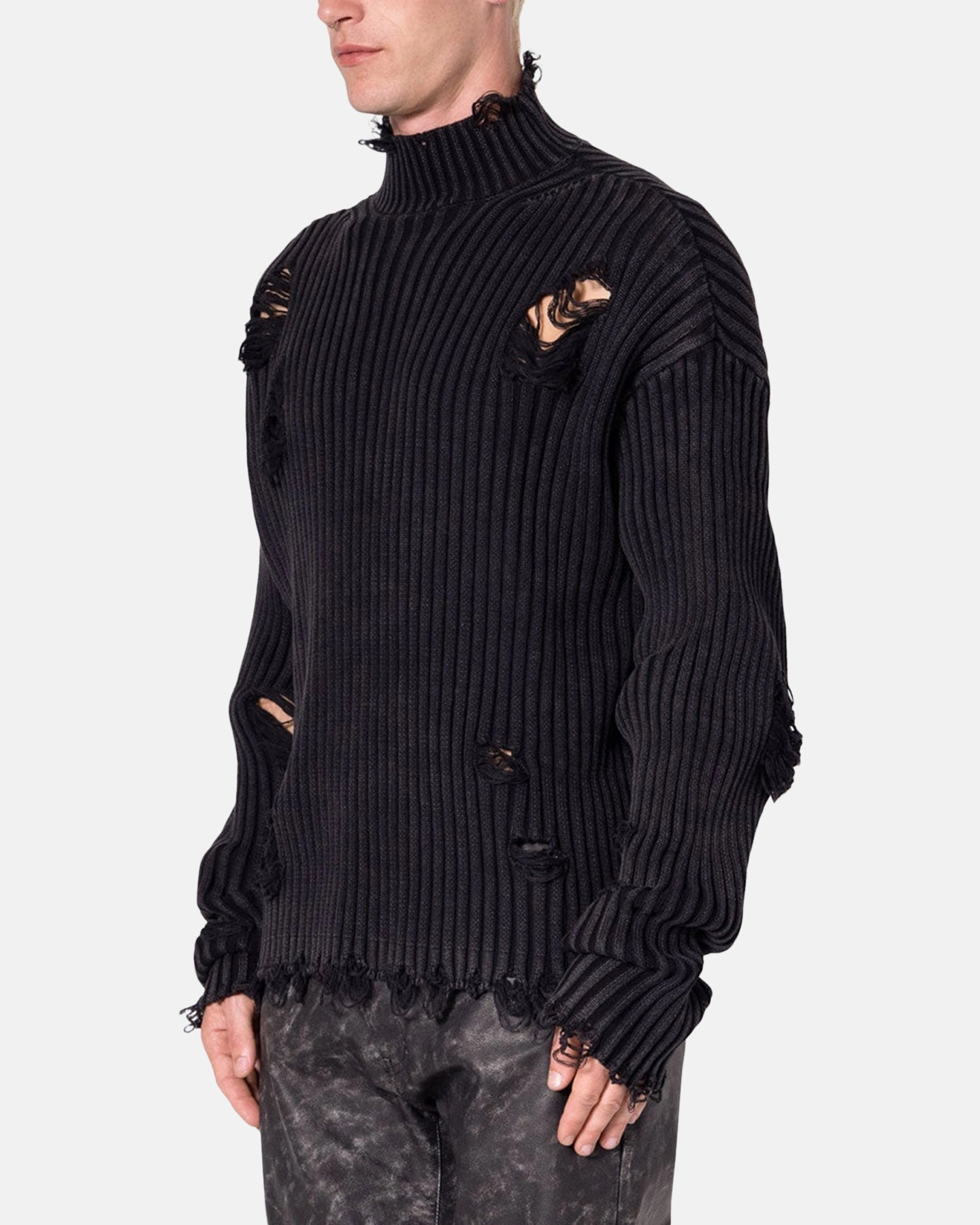 MNML Distressed Crop Knit Sweater Black Colorfast Dye Method MultiFunctional Pocket Placement