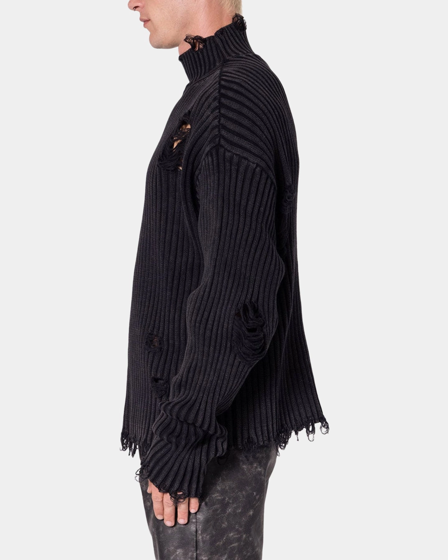 MNML Distressed Crop Knit Sweater Black DoubleLayeredCollar wrinkle free finish