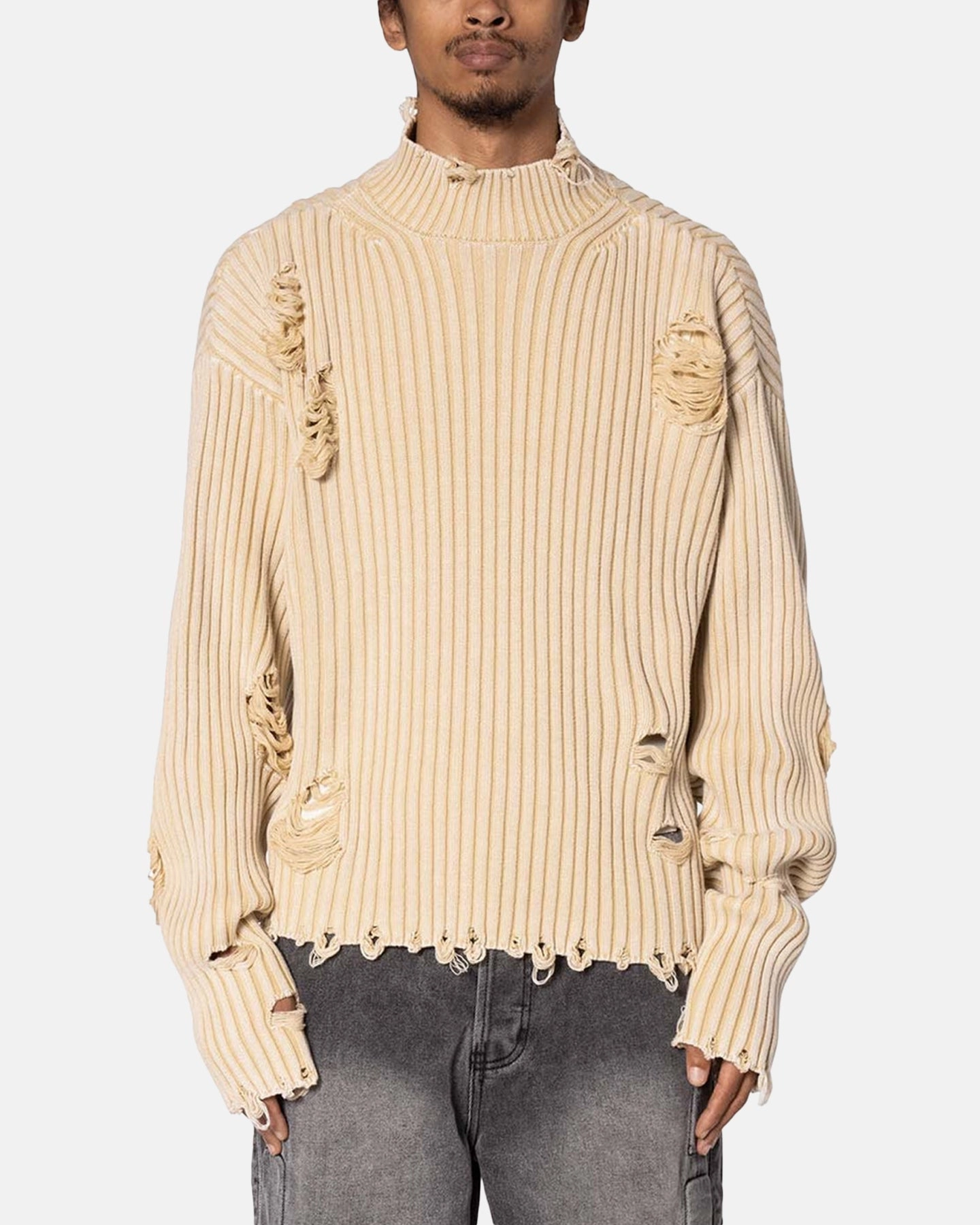 MNML Distressed Crop Knit Sweater Khaki Biodegradable Fiber