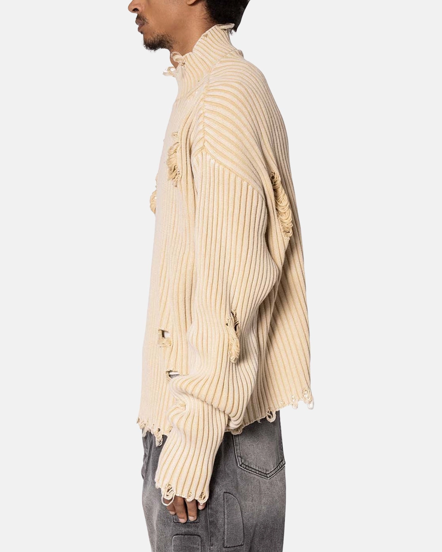 MNML Distressed Crop Knit Sweater Khaki Odor Resistant BondedShoulder