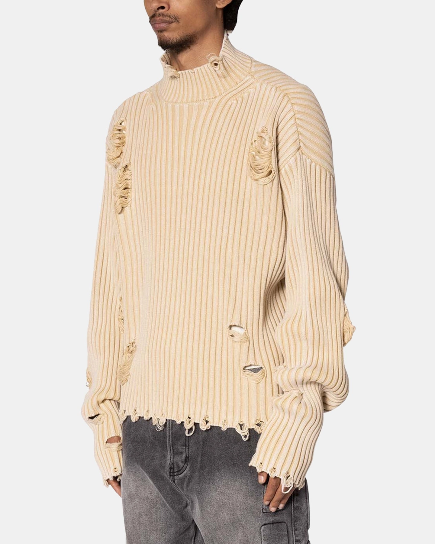 Wool Sweater Hydrophobic Threadwork MNML Distressed Crop Knit Sweater Khaki