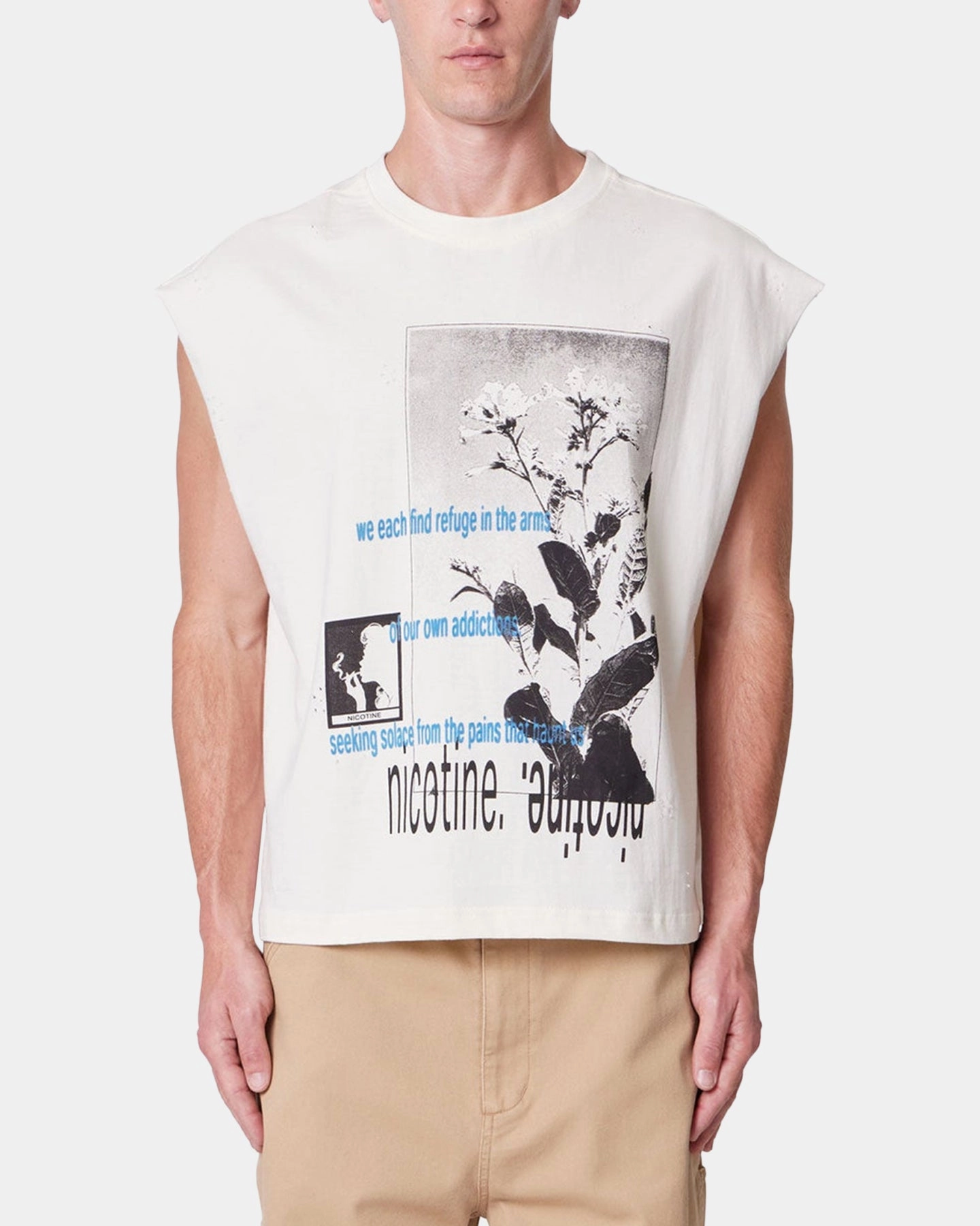 MNML Distressed Sleeveless Tank Antique White Eco Friendly Material Ribbed Neckline