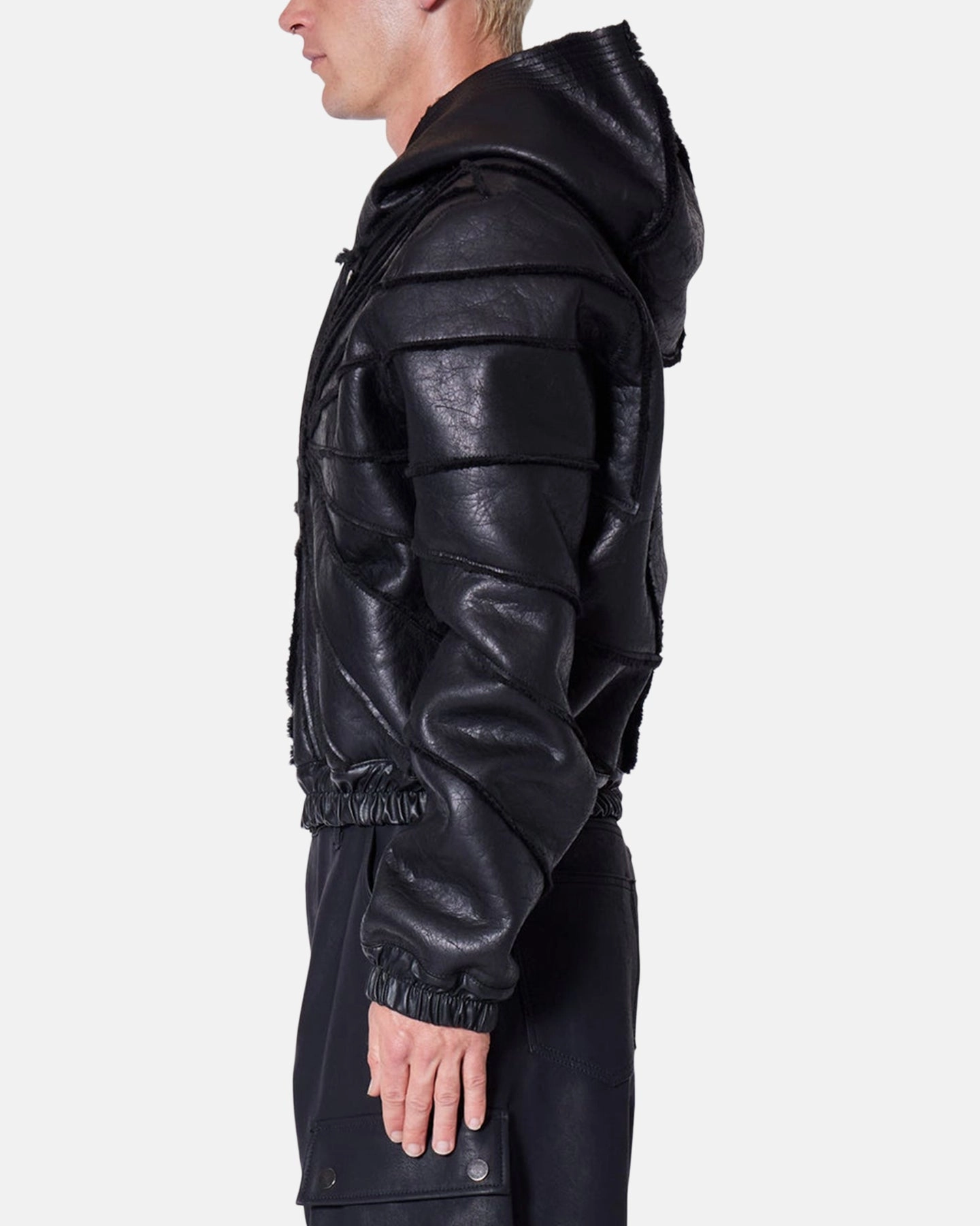 FrenchTerryTexture MNML Leather Web Cropped Zip Up Hoodie Black