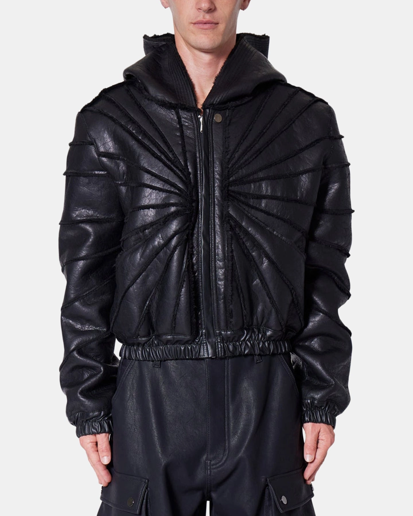MNML Leather Web Cropped Zip Up Hoodie Black Breathable Knit Fabric AbrasionResistantEdging