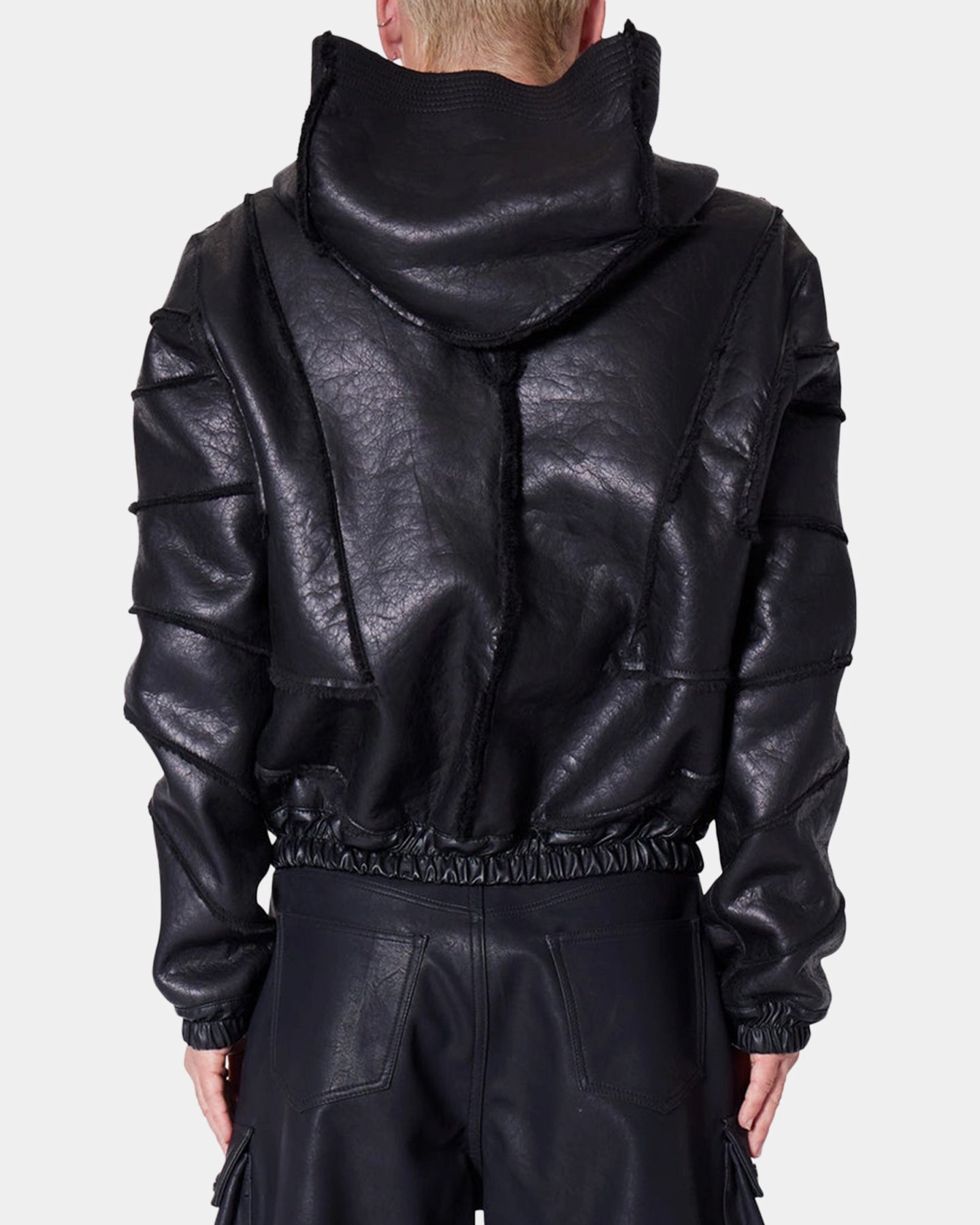 MultiFunctional Pocket Placement MNML Leather Web Cropped Zip Up Hoodie Black