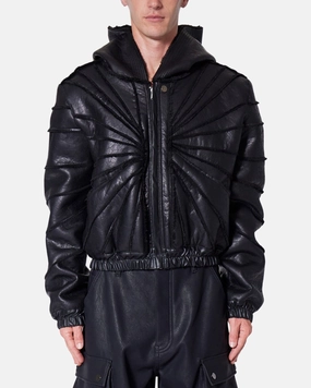 MNML Leather Web Cropped Zip Up Hoodie Black Breathable Knit Fabric AbrasionResistantEdging