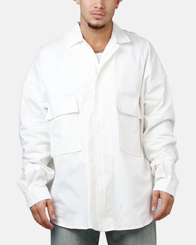 MNML Oversized Cotton Button Up Shirt White HighNeck
