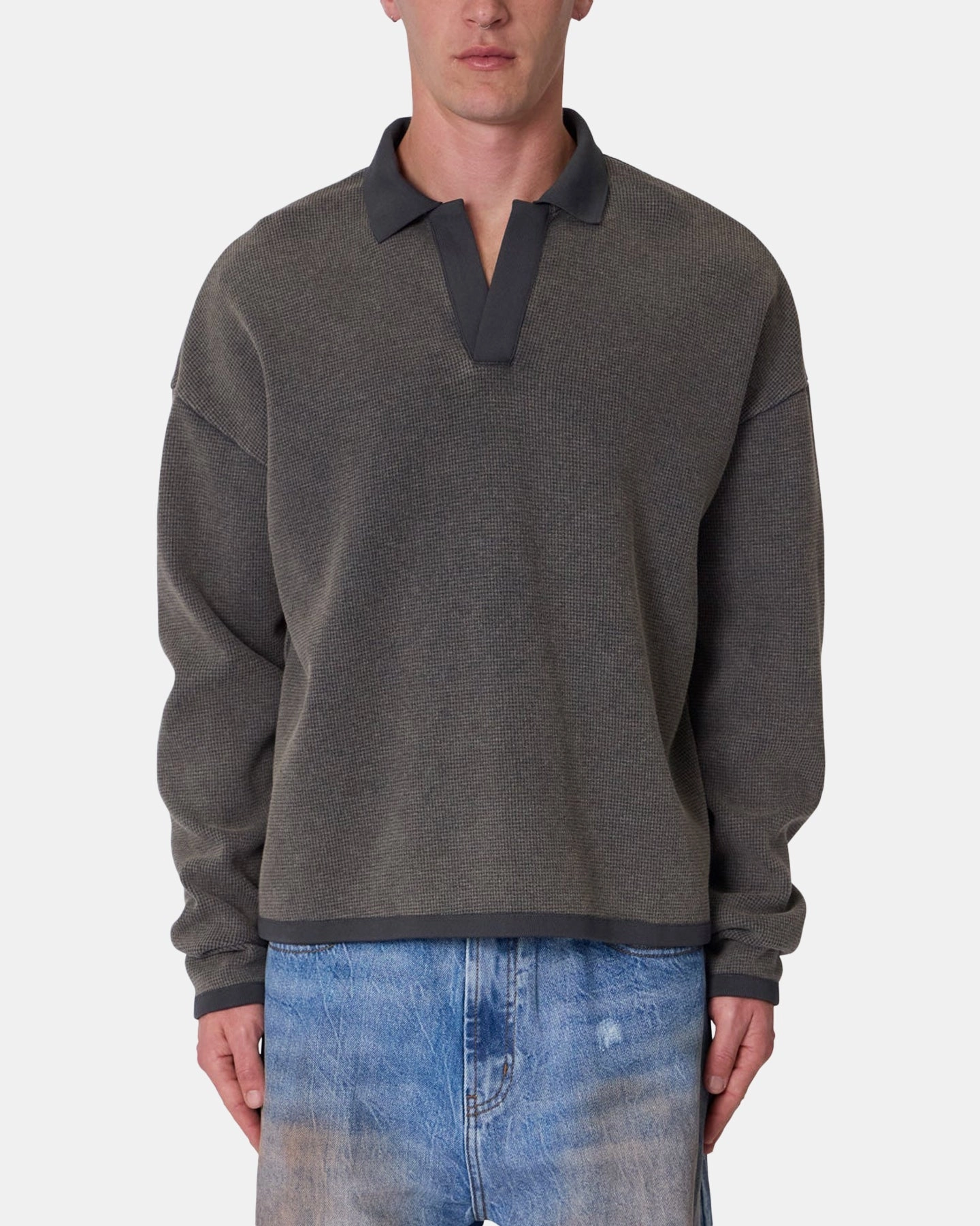 RibbedHemline Layered Hemline MNML Polo Thermal Long Sleeve T-Shirt Charcoal Grey