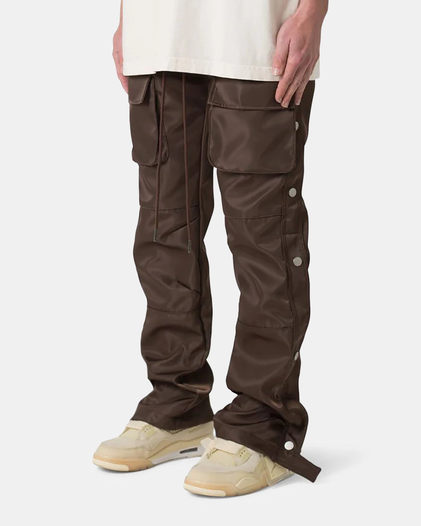 MNML Snap Front Cargo Pants Brown Flex Movement Soft Texture