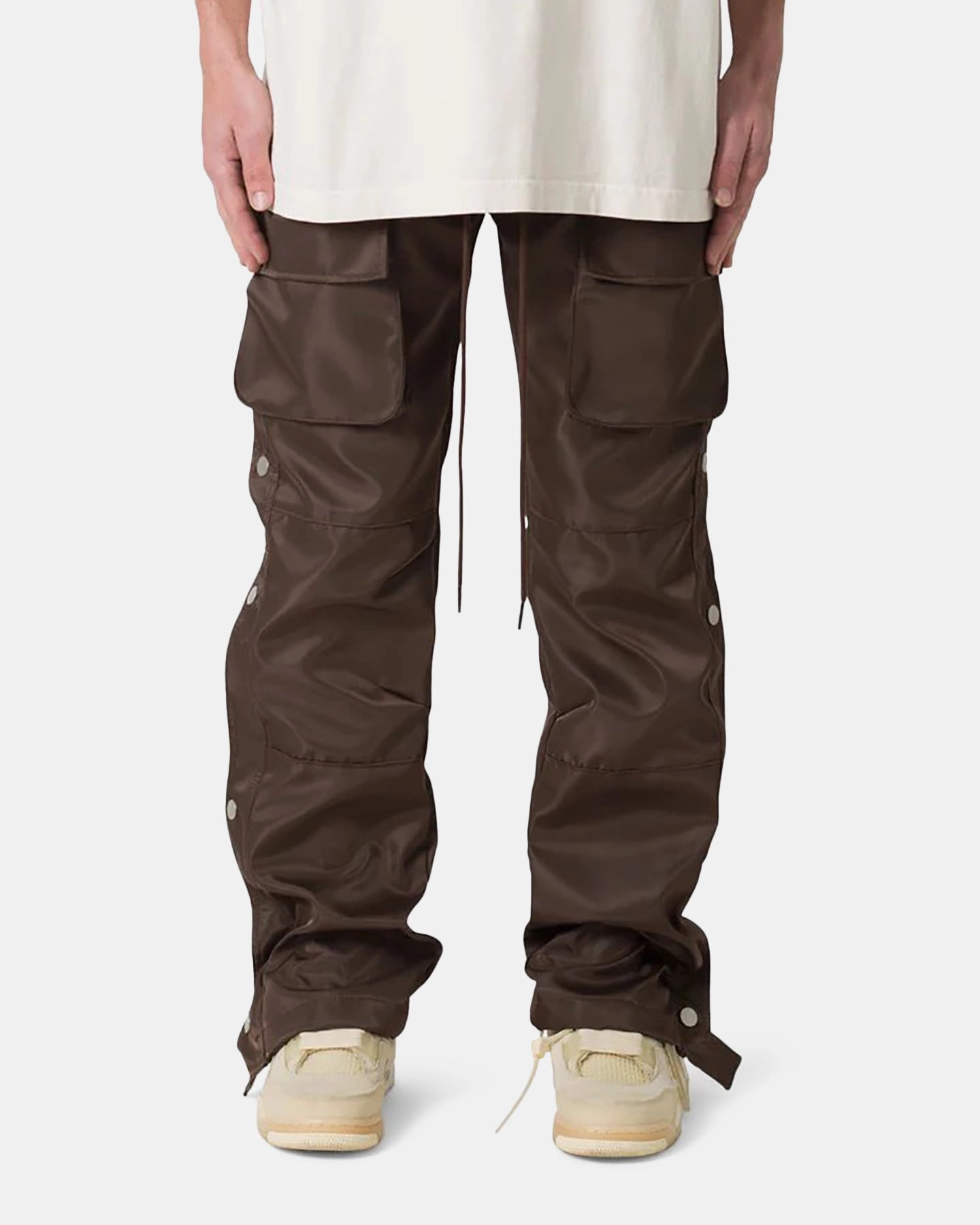 MNML Snap Front Cargo Pants Brown Side Pockets Breathable back panel