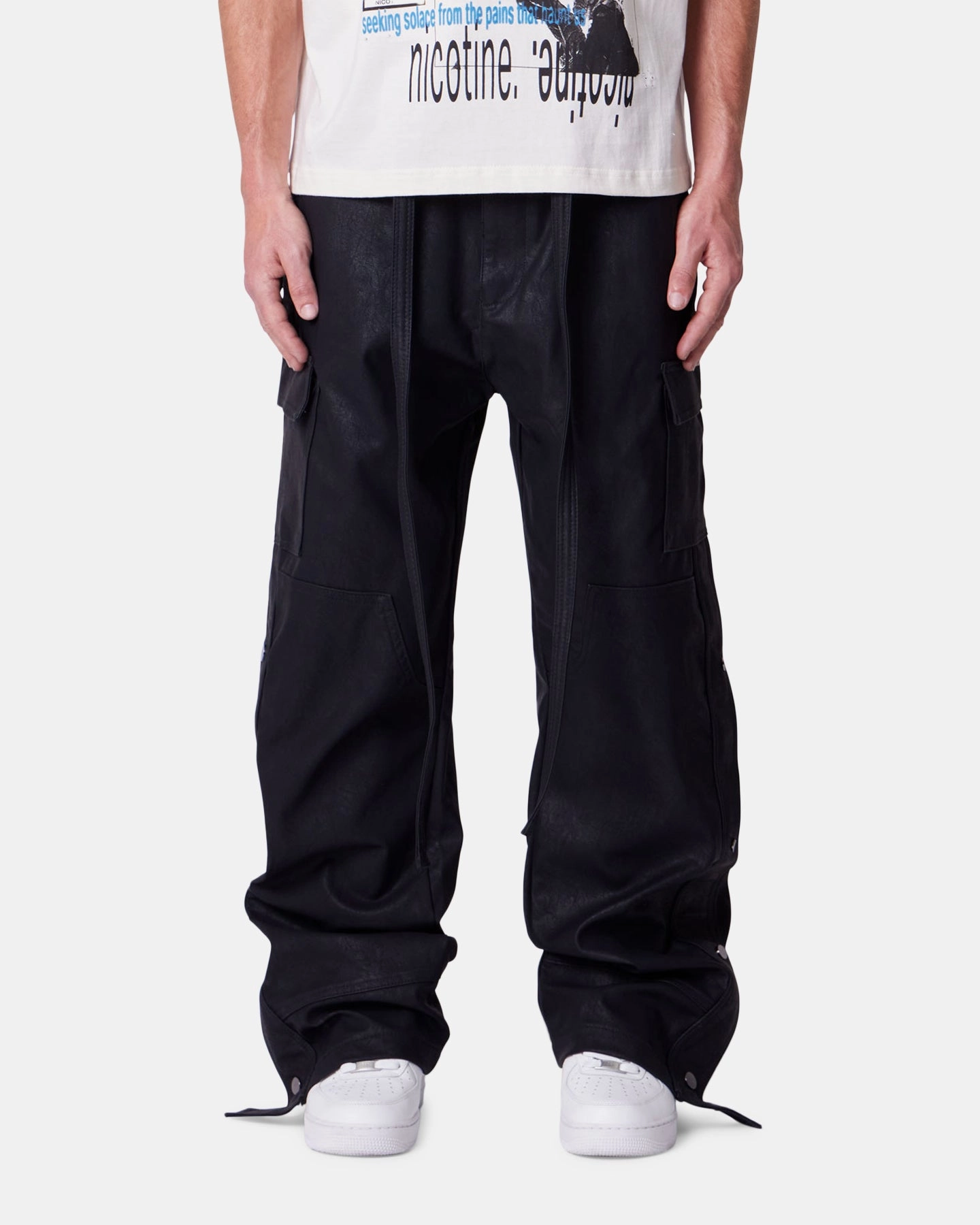 MNML Straight Leather Snap Zipper Cargo Pants Black Relaxed Fit Design