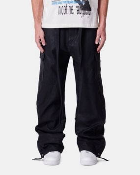 MNML Straight Leather Snap Zipper Cargo Pants Black Relaxed Fit Design