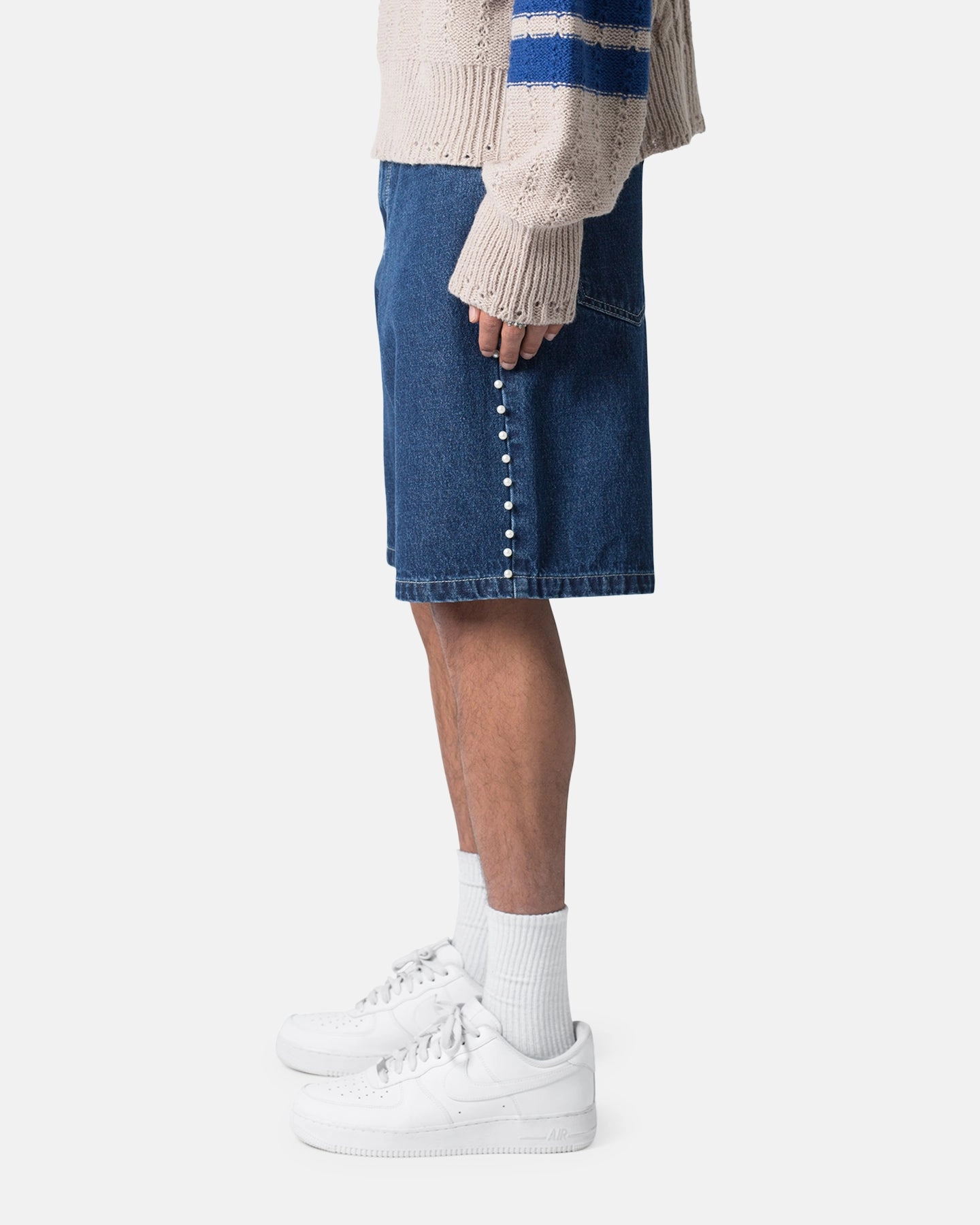 MNML Studded Denim Shorts Blue Reinforced Knees Sporty Layer