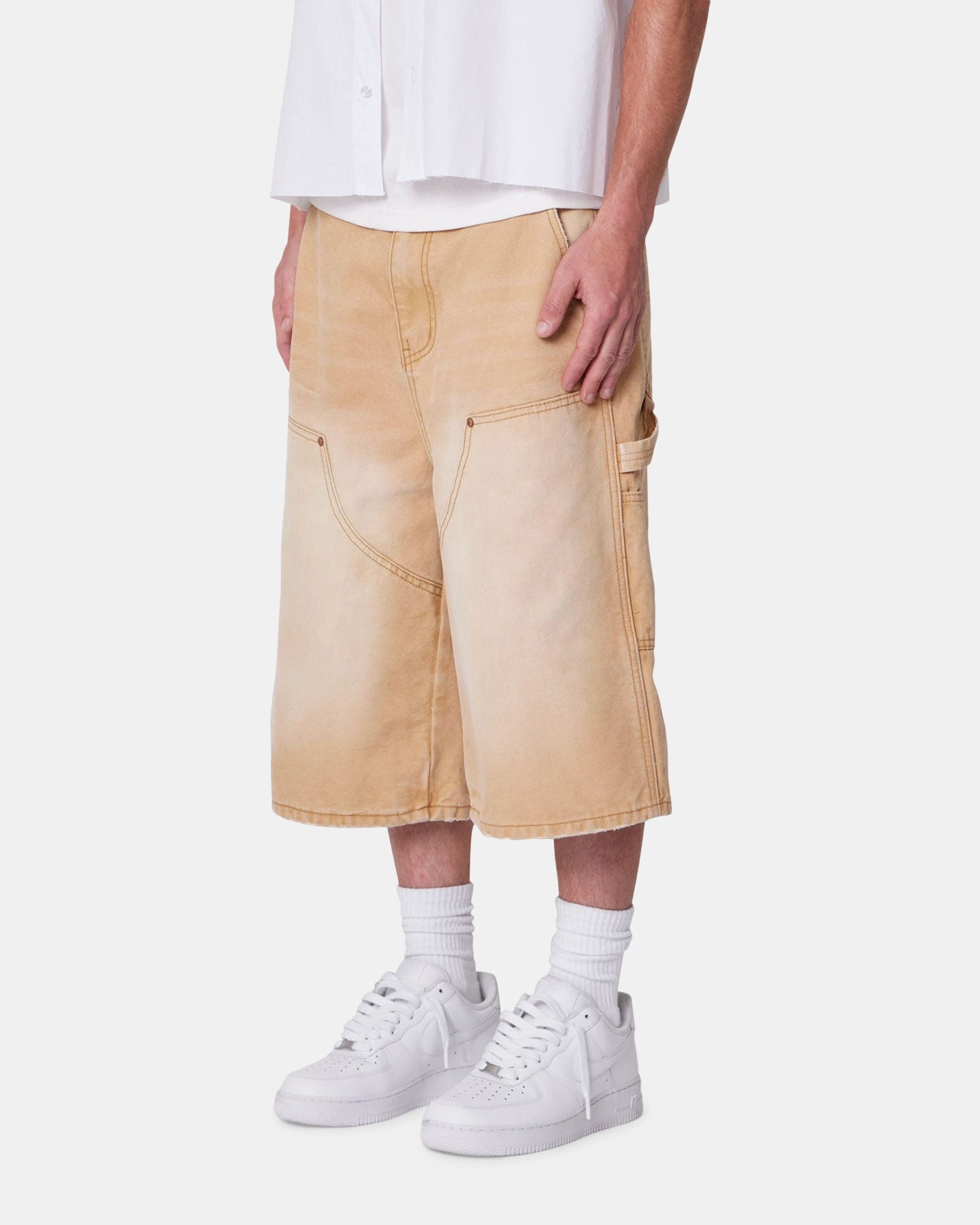 MNML Ultra Baggy Carpenter Shorts Washed Tan Flattering Look MultiPocketSystem