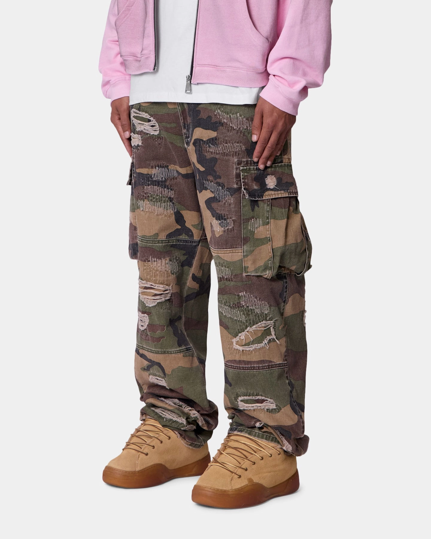 Soft Material MNML Ultra Baggy Distressed Cargo Pants Woodland Camo