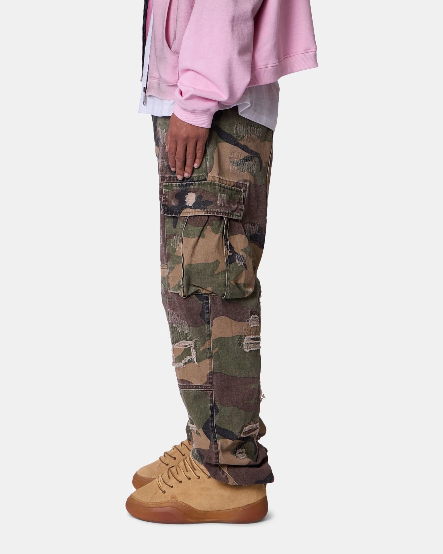 Light Reflective Details Lightweight Wear MNML Ultra Baggy Distressed Cargo Pants Woodland Camo