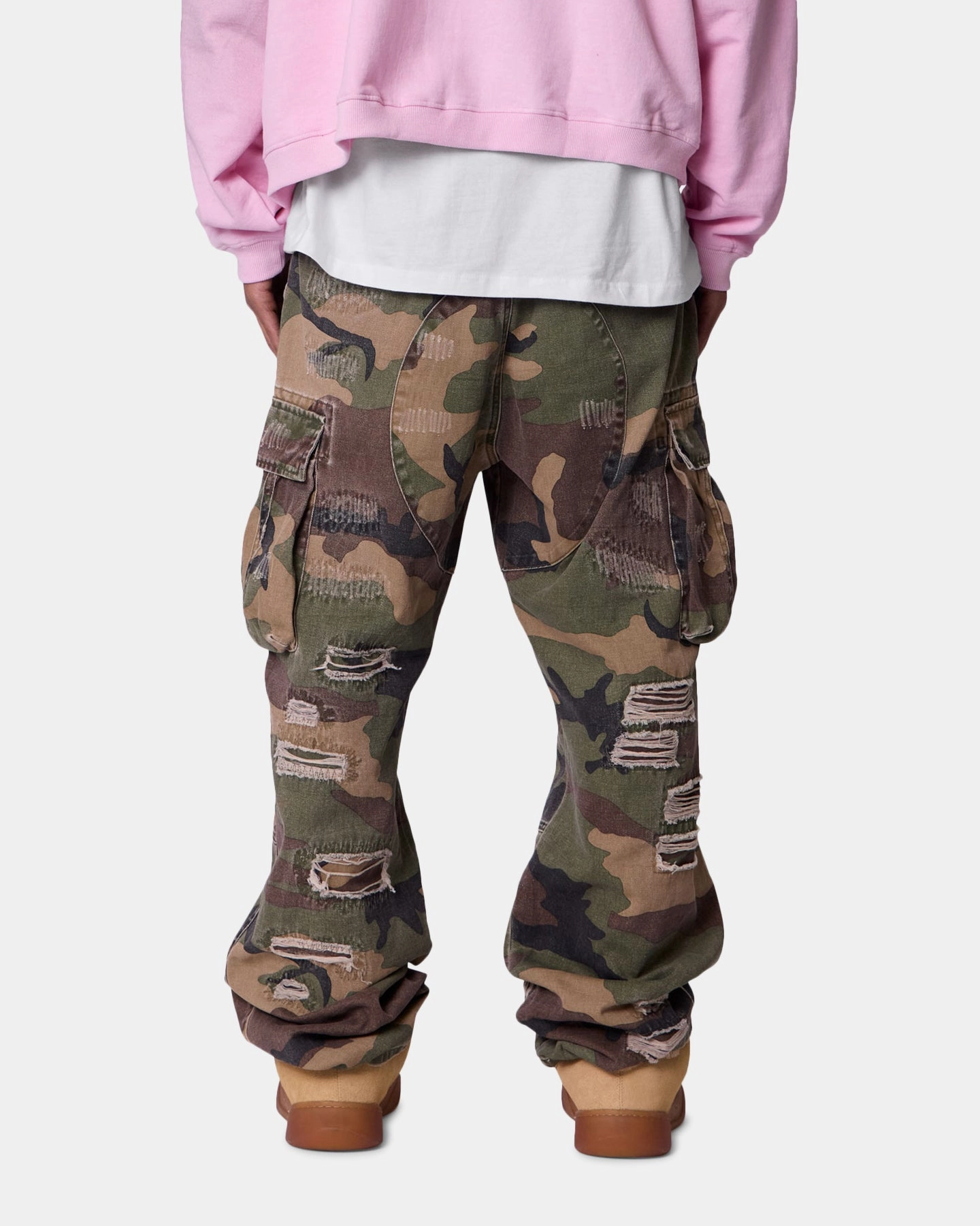 Eco Friendly Dye DoubleLayeredFabric MNML Ultra Baggy Distressed Cargo Pants Woodland Camo