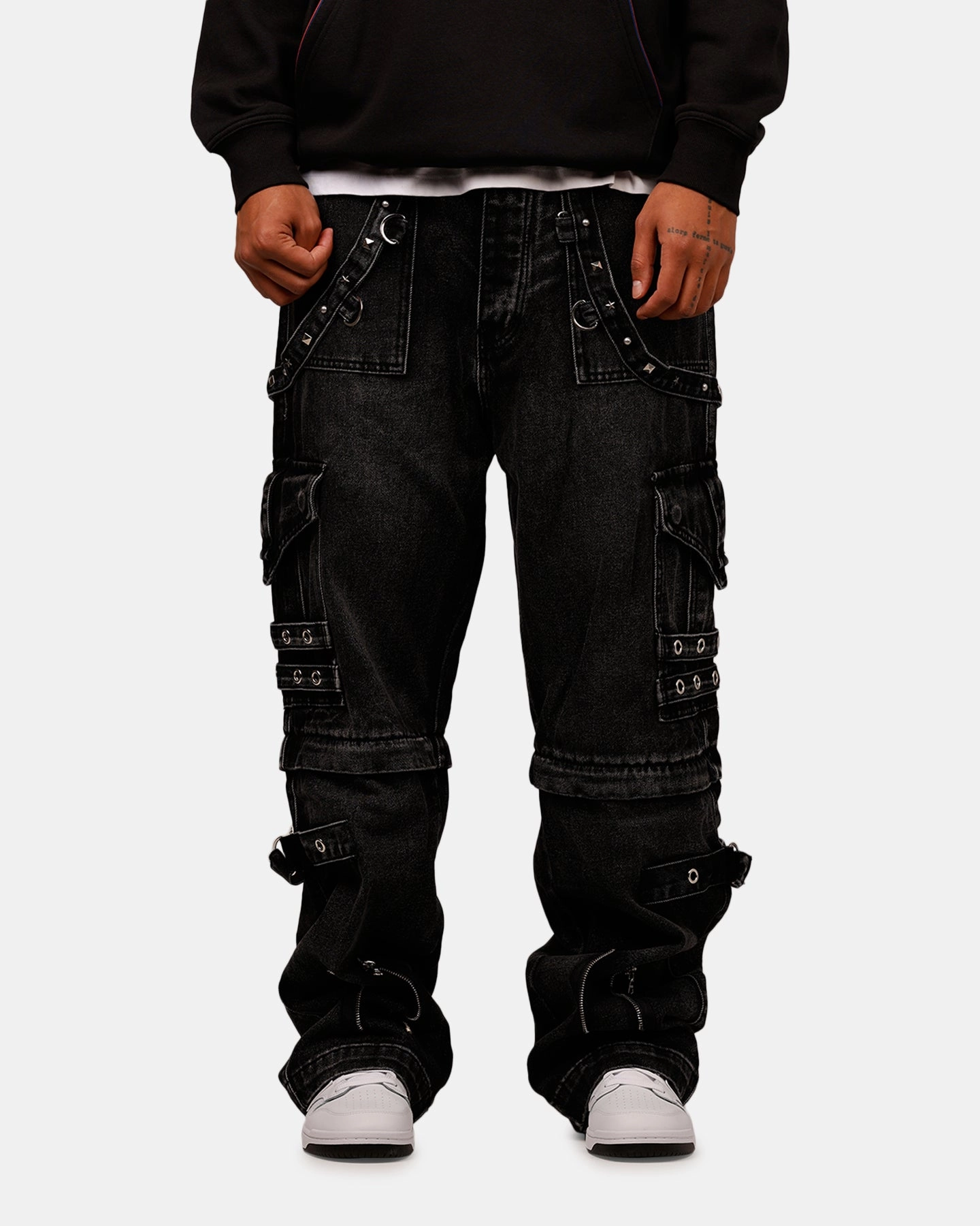 MNML Ultra Baggy Studd Cargo Denim Pants Black Lightweight Material