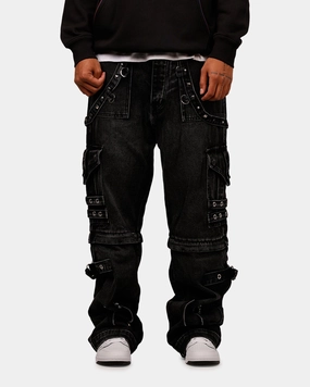 MNML Ultra Baggy Studd Cargo Denim Pants Black Lightweight Material