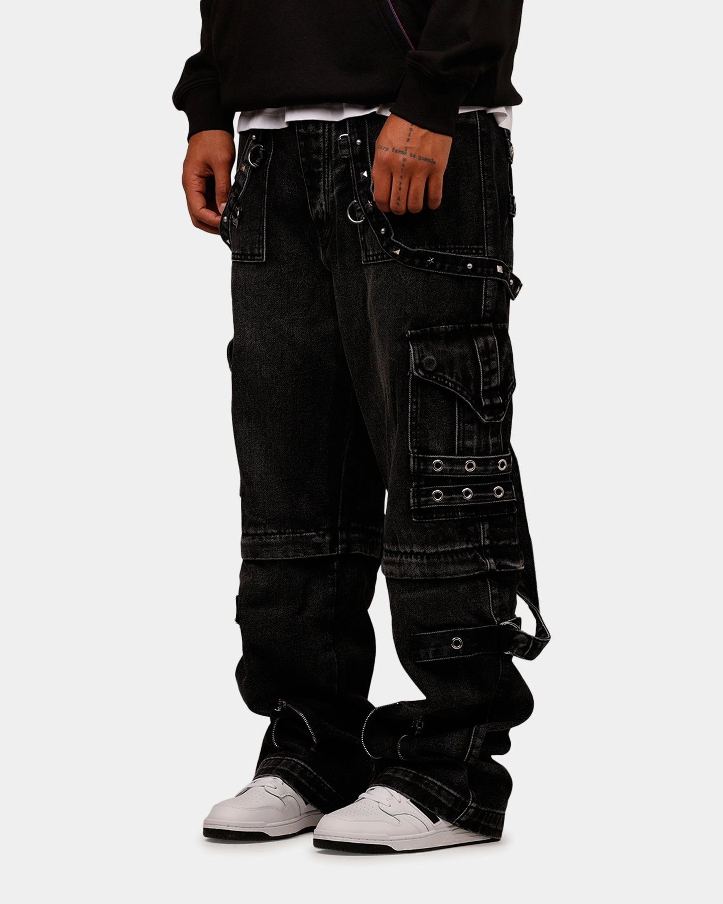 Elastic Fit MNML Ultra Baggy Studd Cargo Denim Pants Black