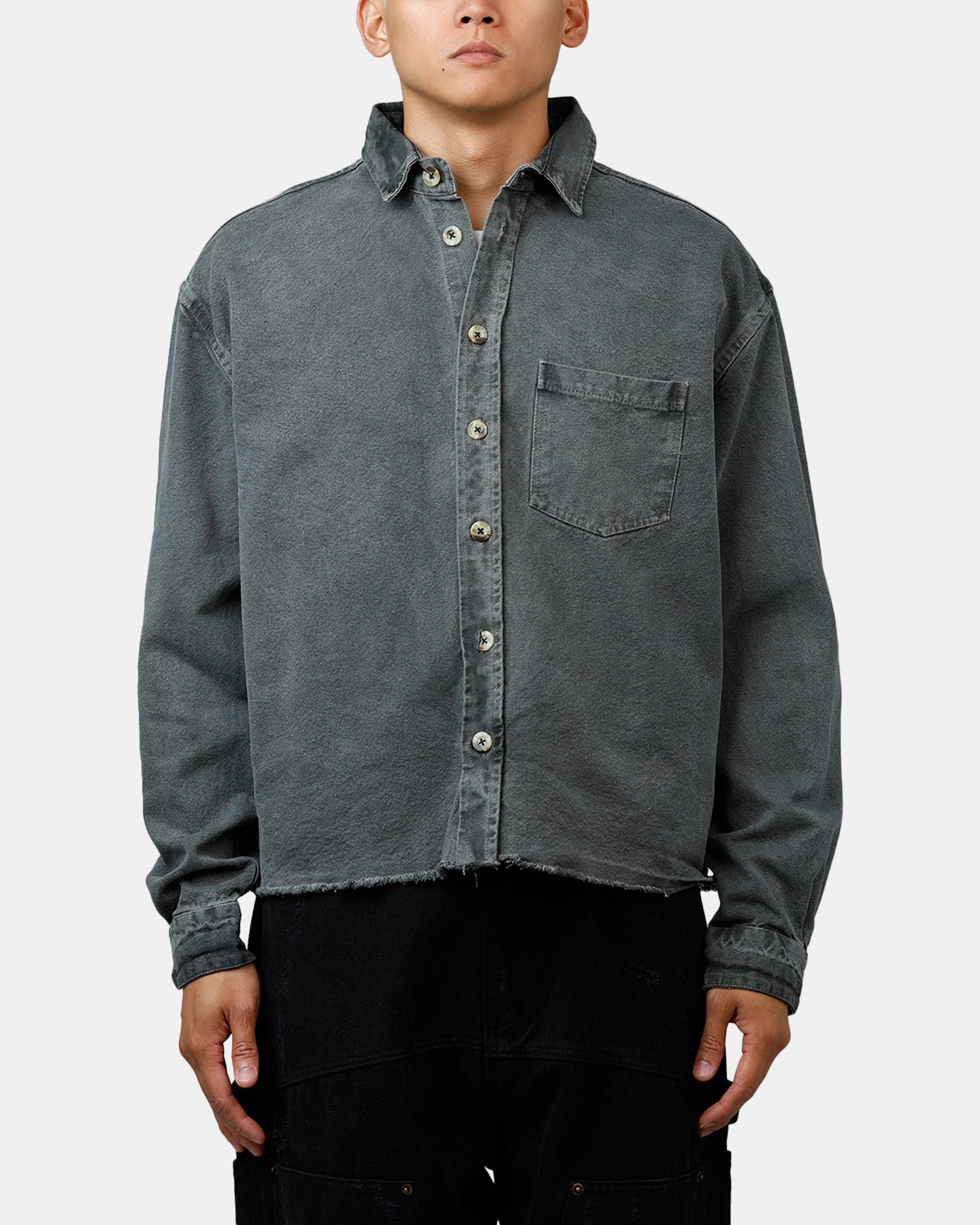 Hidden Zipper MNML Washed Denim Long Sleeve Button Up Shirt Washed Black