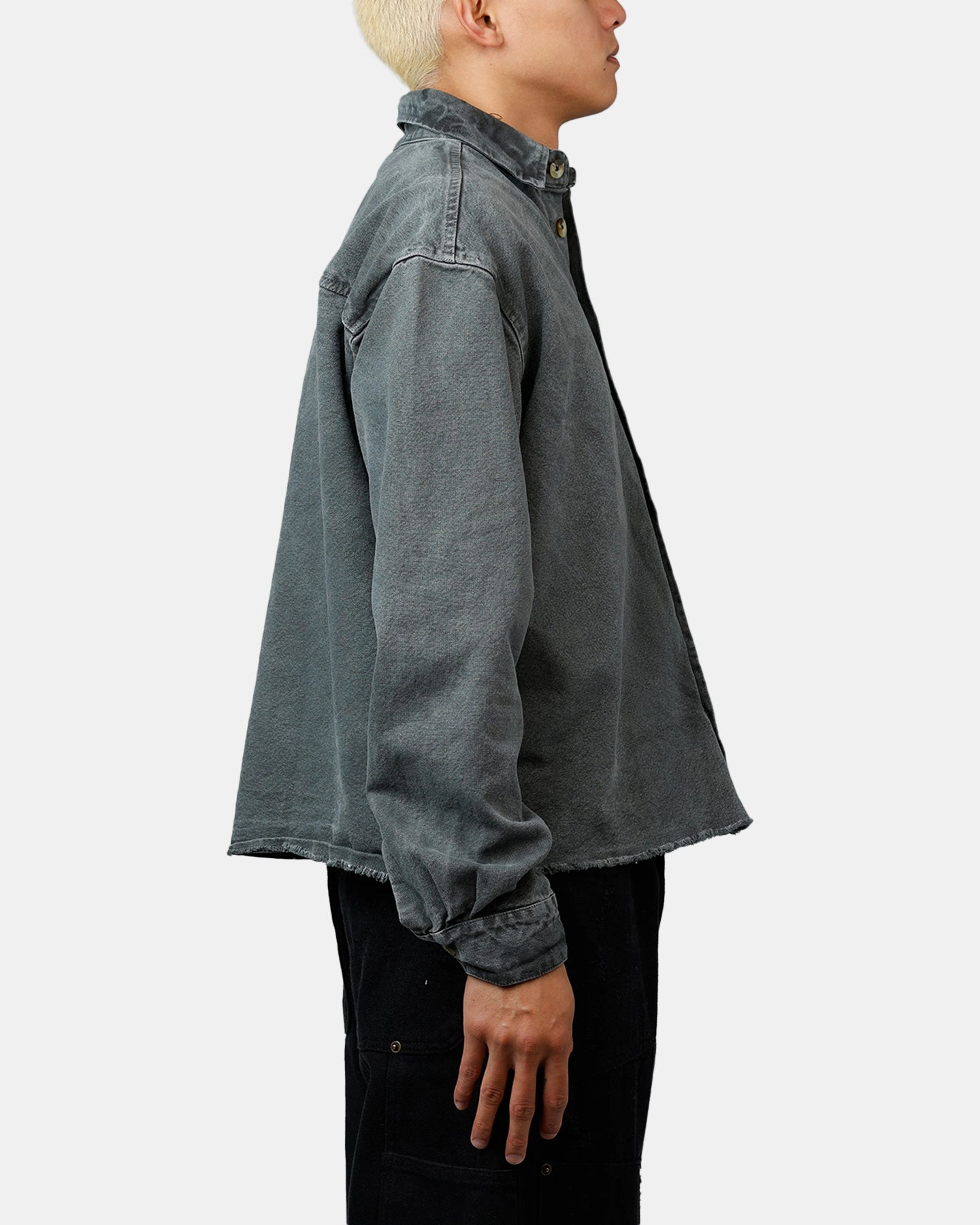 MNML Washed Denim Long Sleeve Button Up Shirt Washed Black MultiPocket Configuration ErgonomicSleeves