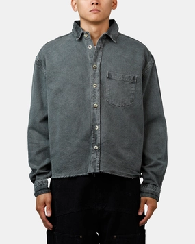Hidden Zipper MNML Washed Denim Long Sleeve Button Up Shirt Washed Black