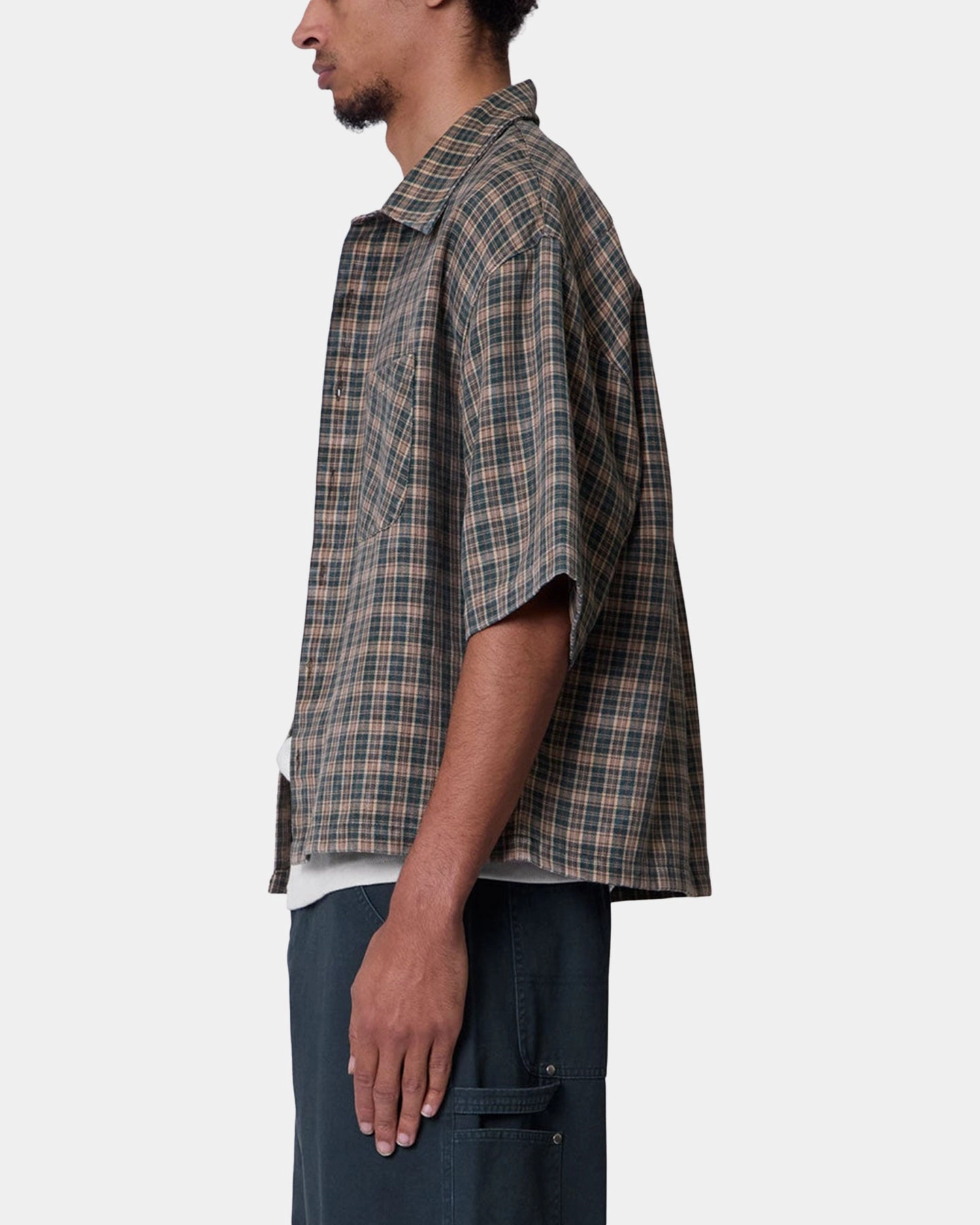 MNML Washed Poplin Over Button Up Shirt Green/Brown High Neckline