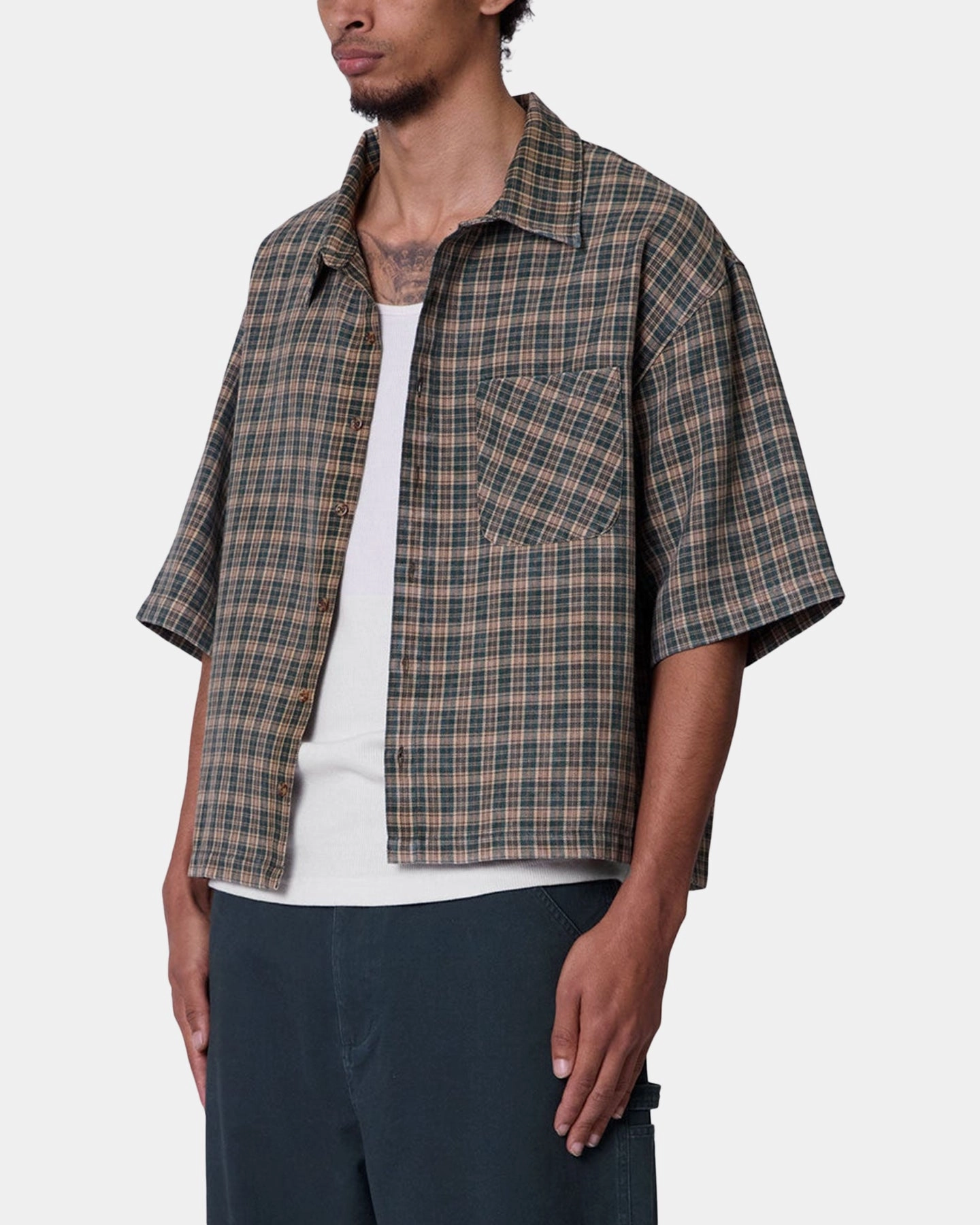 MNML Washed Poplin Over Button Up Shirt Green/Brown Hidden Storage Pockets Organic Cotton Fiber