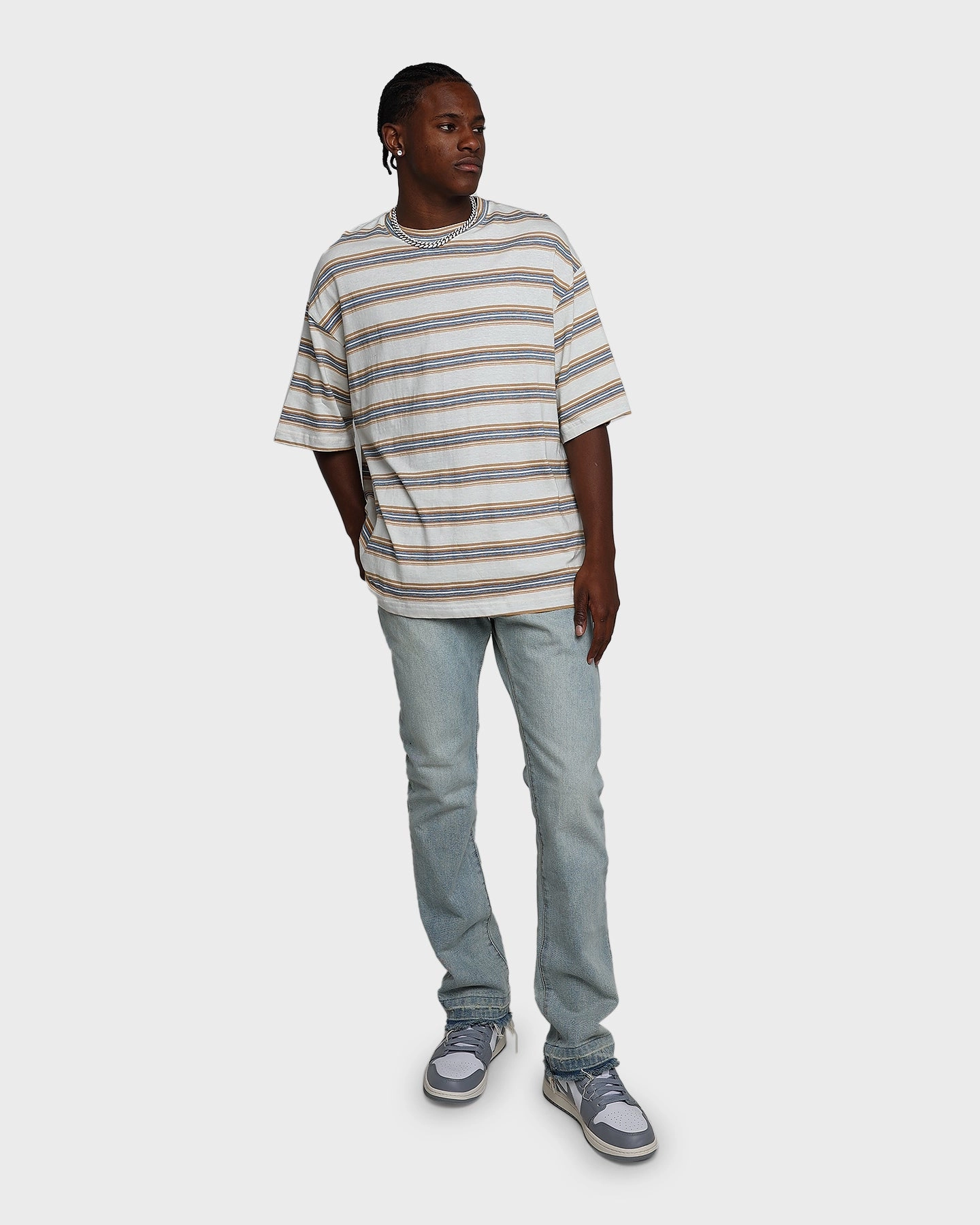 Ribbed Trims Cozy Cardigan MNML Wide Striped T-Shirt Blue/Yellow