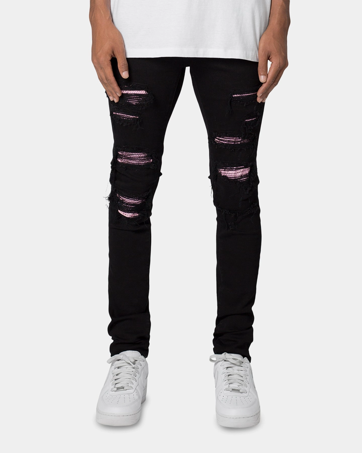 MNML X555 Crystal Skinny Denim Jeans Black/Pink Chilly Day Layers