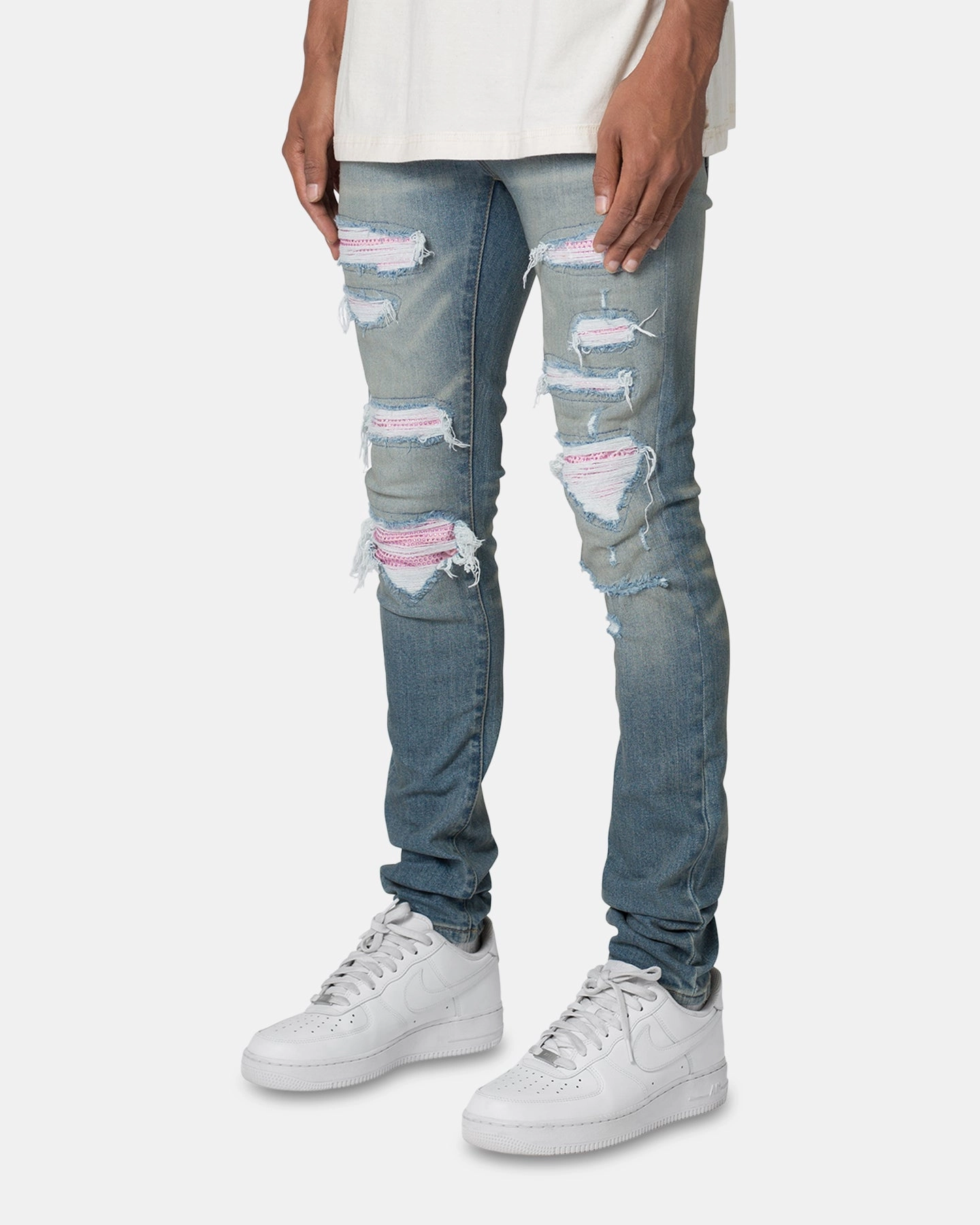 MNML X555 Crystal Skinny Denim Jeans Blue/Pink Classic Comfort