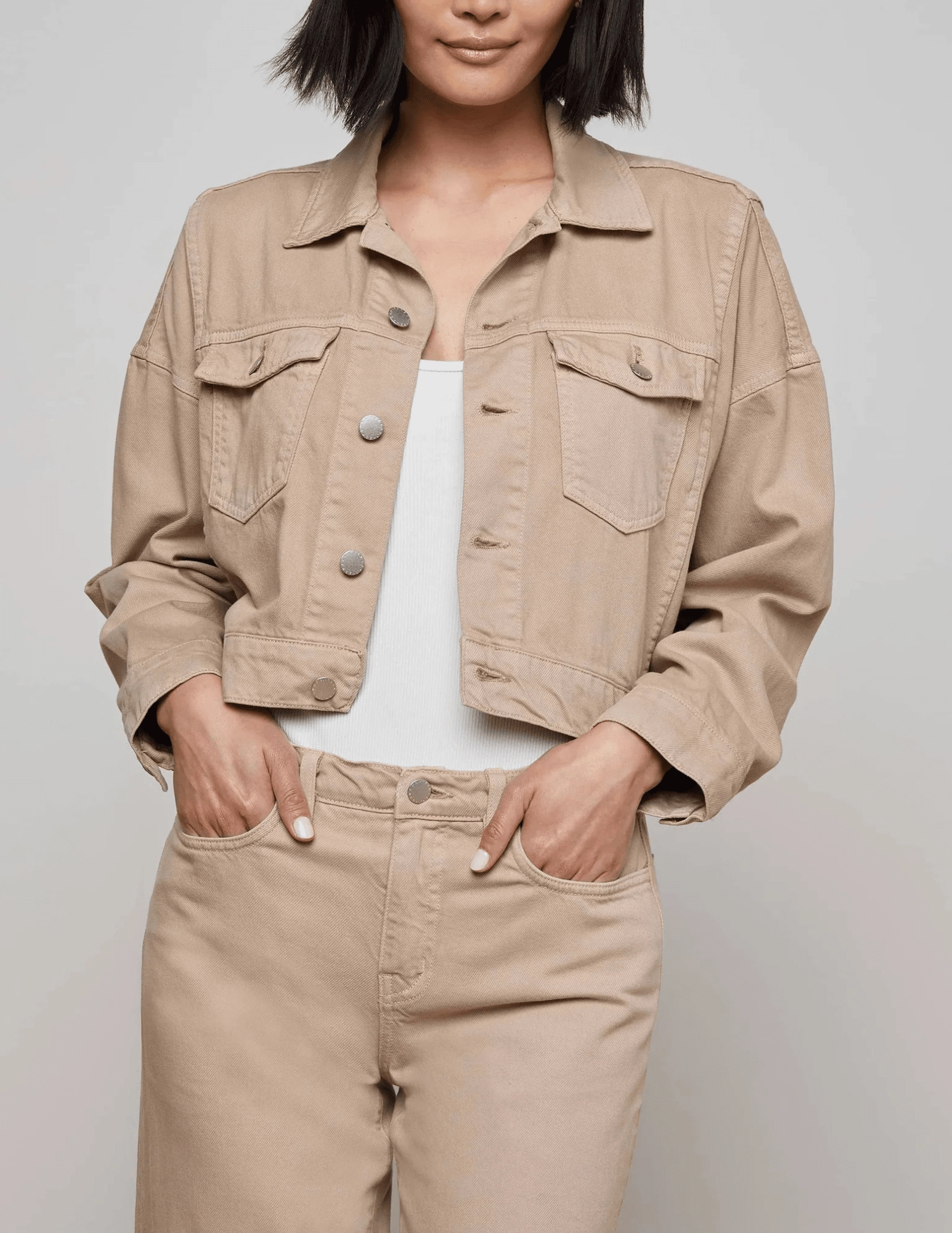 Three Layer Laminate L'AGENCE Vianney Hi-Lo Denim Jacket in Pale Khaki