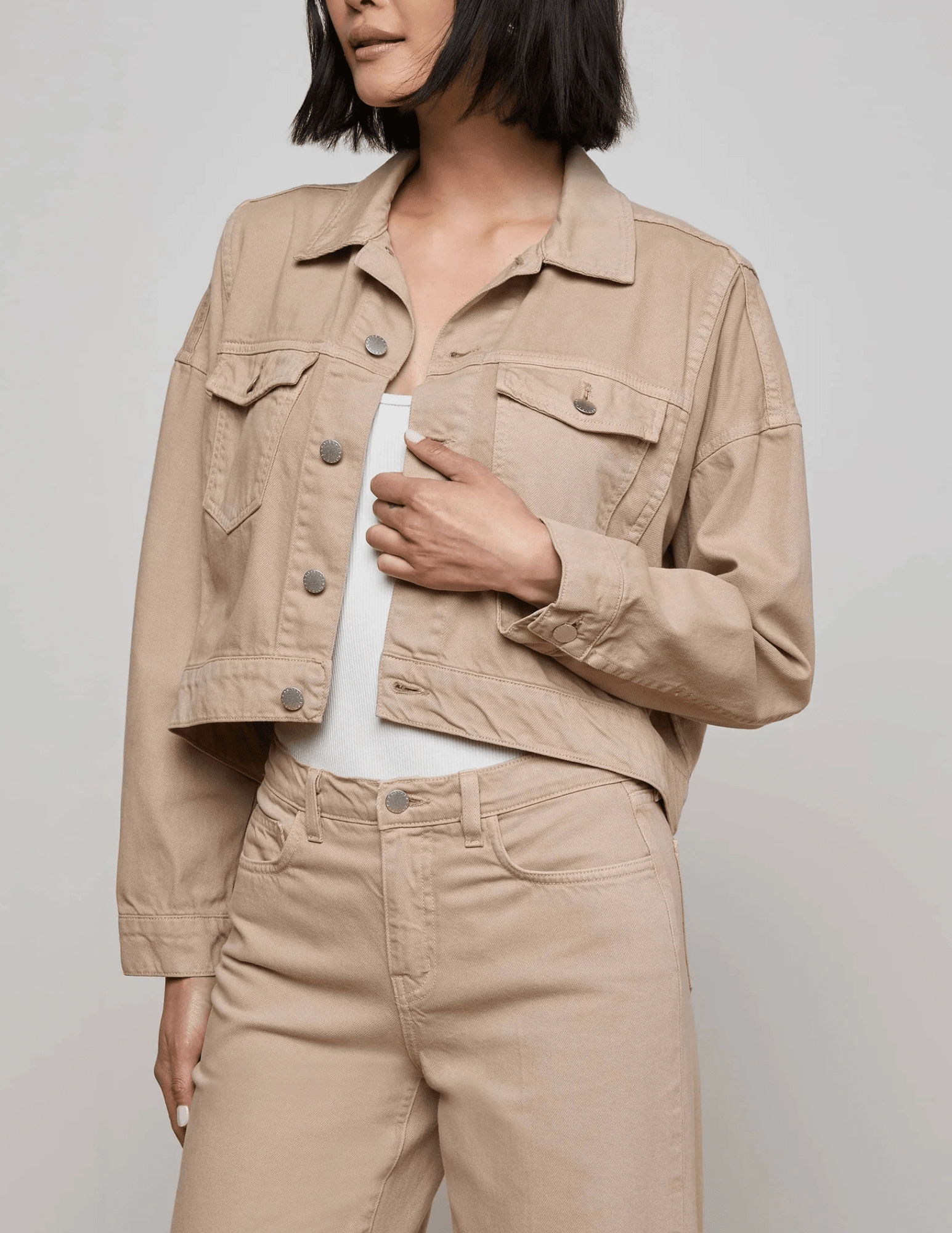 Multi Purpose Layer L'AGENCE Vianney Hi-Lo Denim Jacket in Pale Khaki
