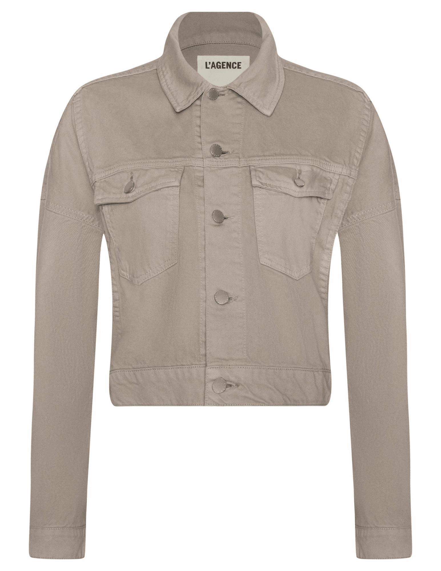 Lightweight Comfort L'AGENCE Vianney Hi-Lo Denim Jacket in Pale Khaki