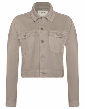 Lightweight Comfort L'AGENCE Vianney Hi-Lo Denim Jacket in Pale Khaki