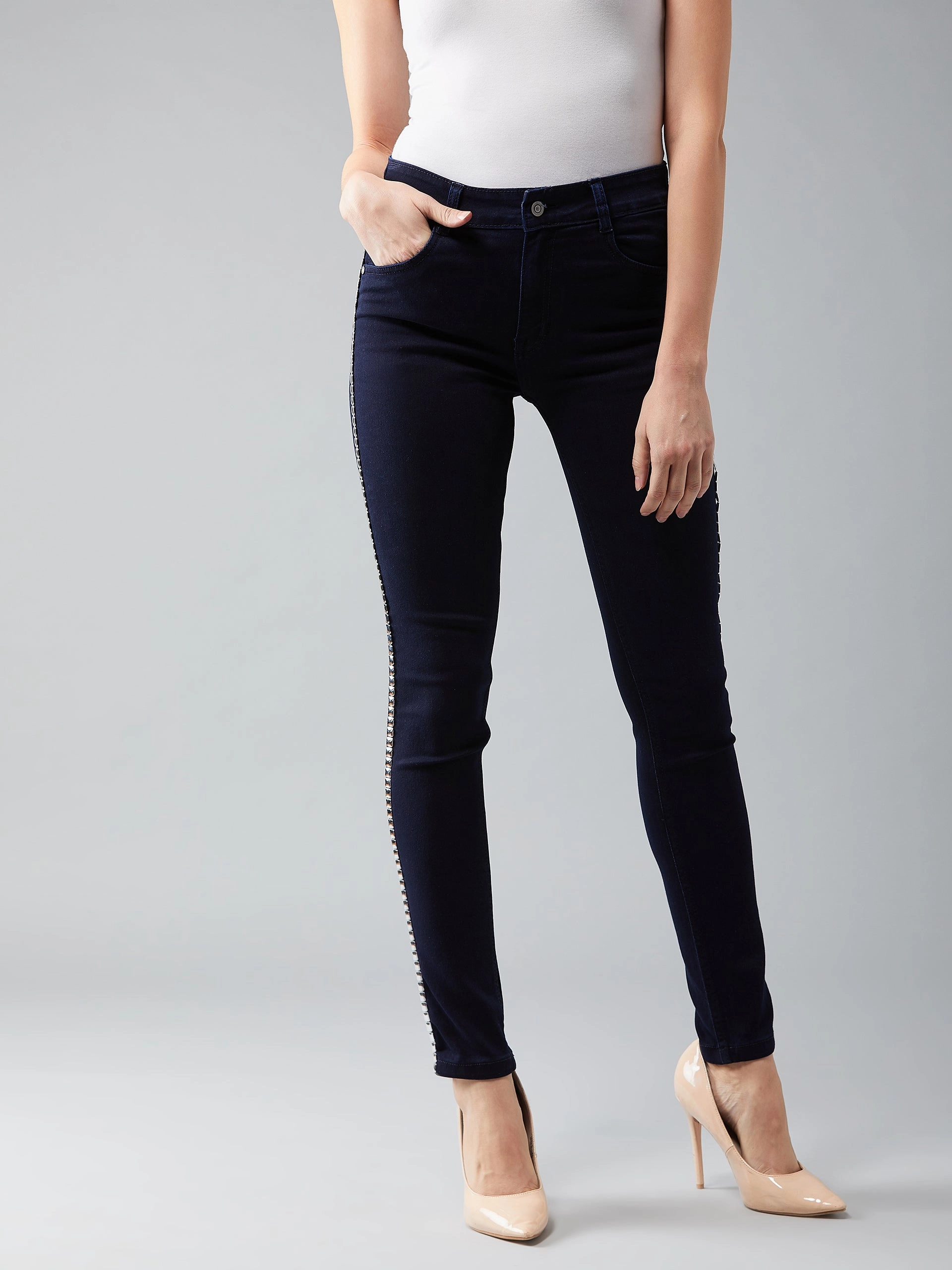 Everyday Piece Women's Navy-Blue Skinny-Fit Mid-Rise Metal Tape Detailing Stretchable Denim Jeans