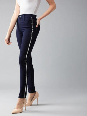 Women's Navy-Blue Skinny-Fit Mid-Rise Metal Tape Detailing Stretchable Denim Jeans Office Casual Move With Ease