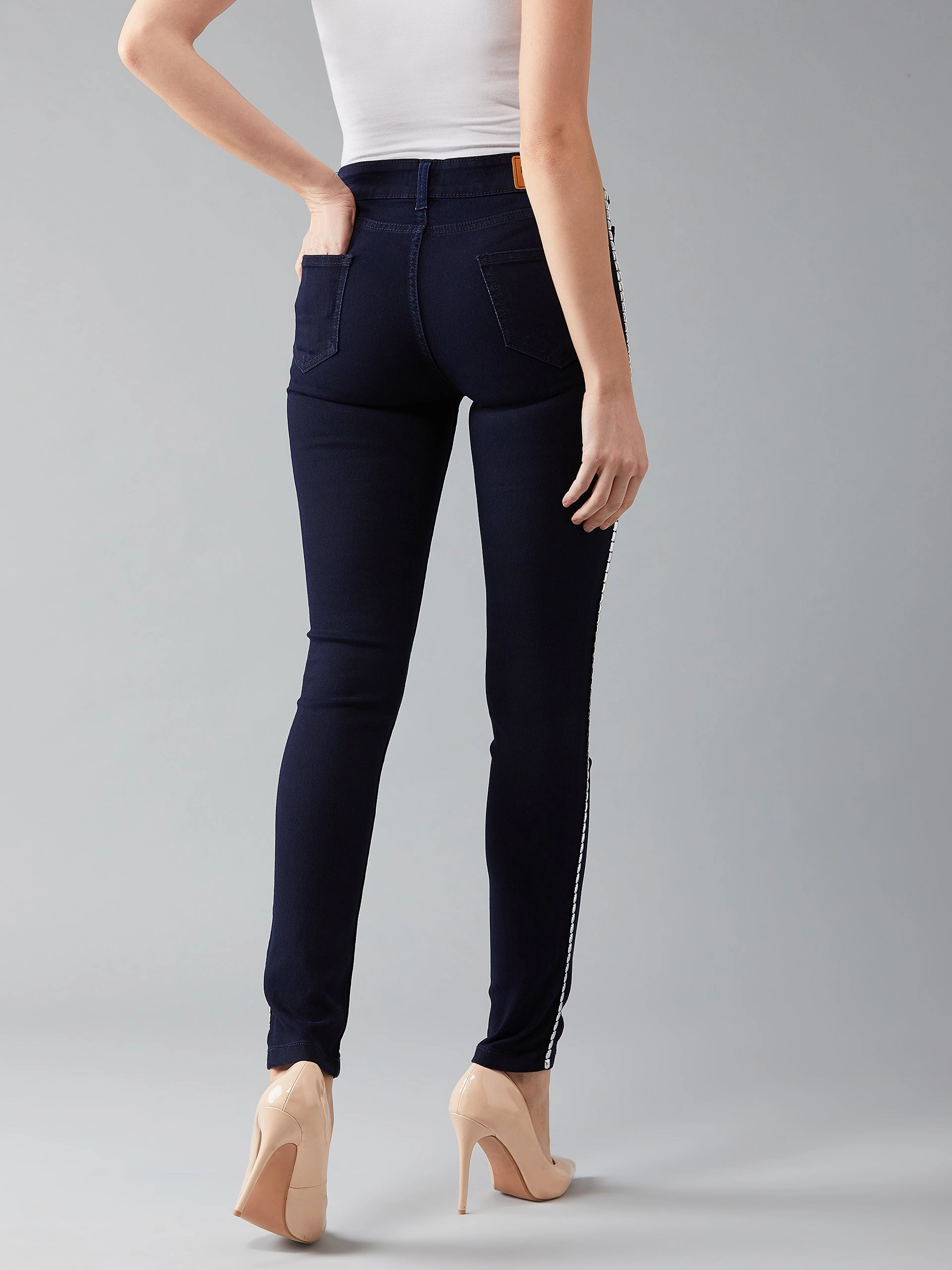 All Body Fit Women's Navy-Blue Skinny-Fit Mid-Rise Metal Tape Detailing Stretchable Denim Jeans